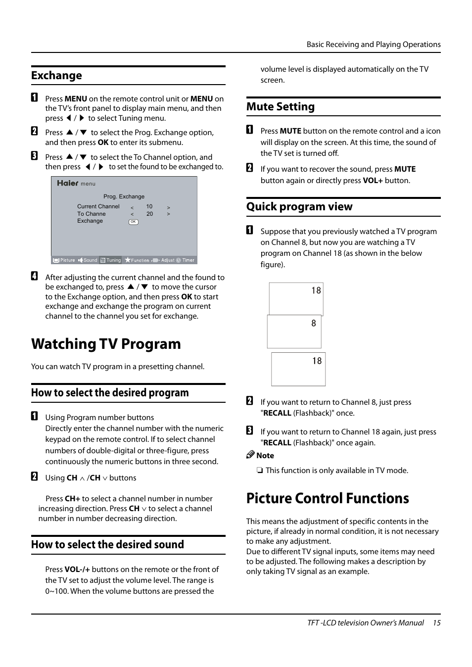 Watching tv program, Picture control functions, Exchange | How to select the desired program, How to select the desired sound, Mute setting, Quick program view | haier TFT-LCD TELEVISION L32K3 User Manual | Page 15 / 27