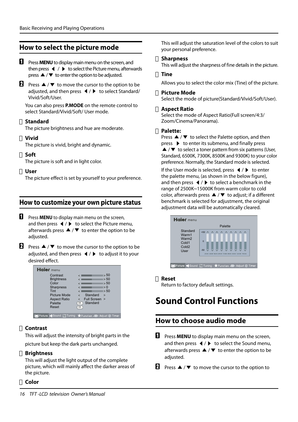 Sound control functions, How to select the picture mode, How to customize your own picture status | How to choose audio mode | haier TFT-LCD TELEVISION L32K3 User Manual | Page 16 / 27