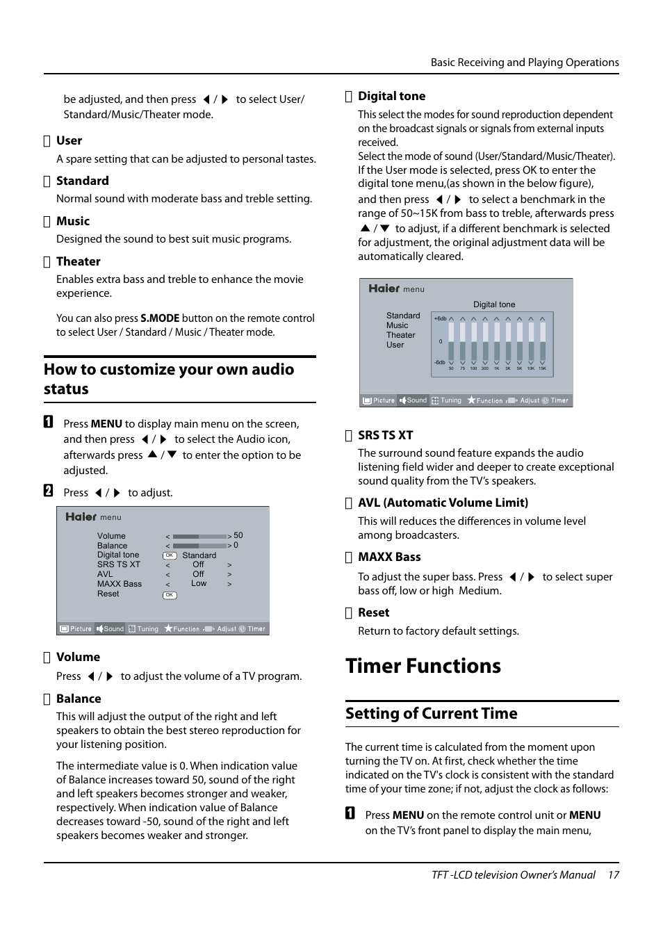 Timer functions, How to customize your own audio status, Setting of current time | haier TFT-LCD TELEVISION L32K3 User Manual | Page 17 / 27