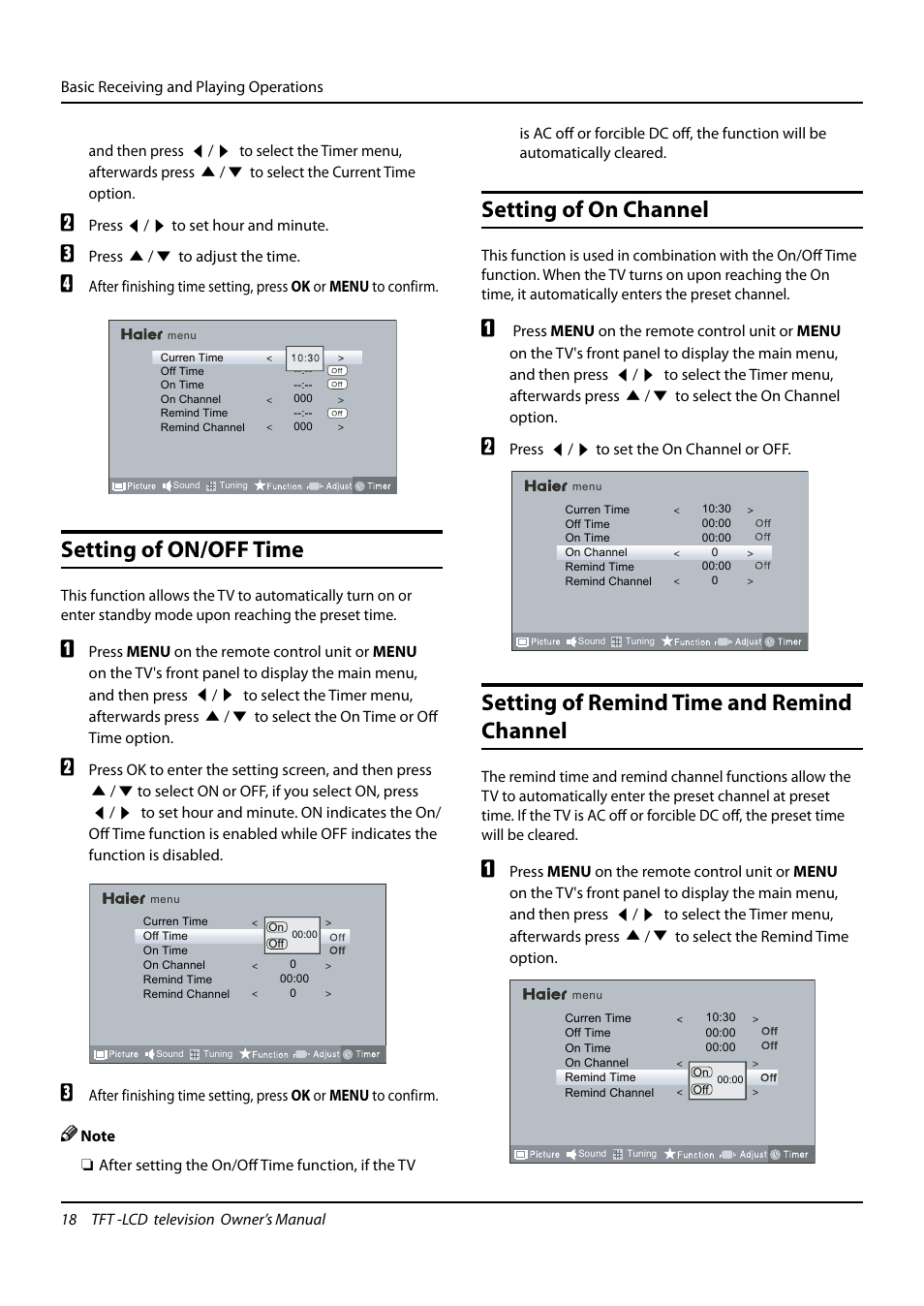 Setting of on/off time, Setting of on channel, Setting of remind time and remind channel | haier TFT-LCD TELEVISION L32K3 User Manual | Page 18 / 27