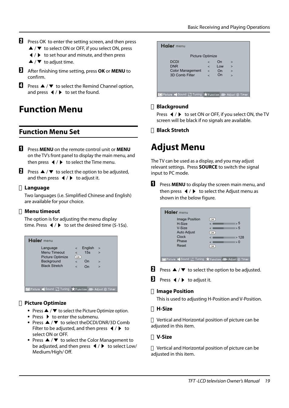 Function menu, Adjust menu, Function menu set | haier TFT-LCD TELEVISION L32K3 User Manual | Page 19 / 27