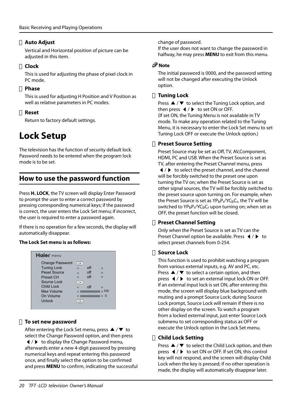 Lock setup, How to use the password function | haier TFT-LCD TELEVISION L32K3 User Manual | Page 20 / 27