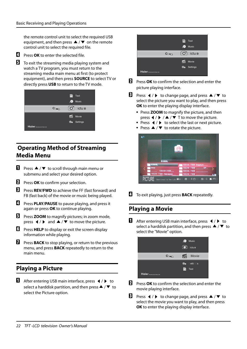 Operating method of streaming media menu, Playing a picture, Playing a movie | haier TFT-LCD TELEVISION L32K3 User Manual | Page 22 / 27