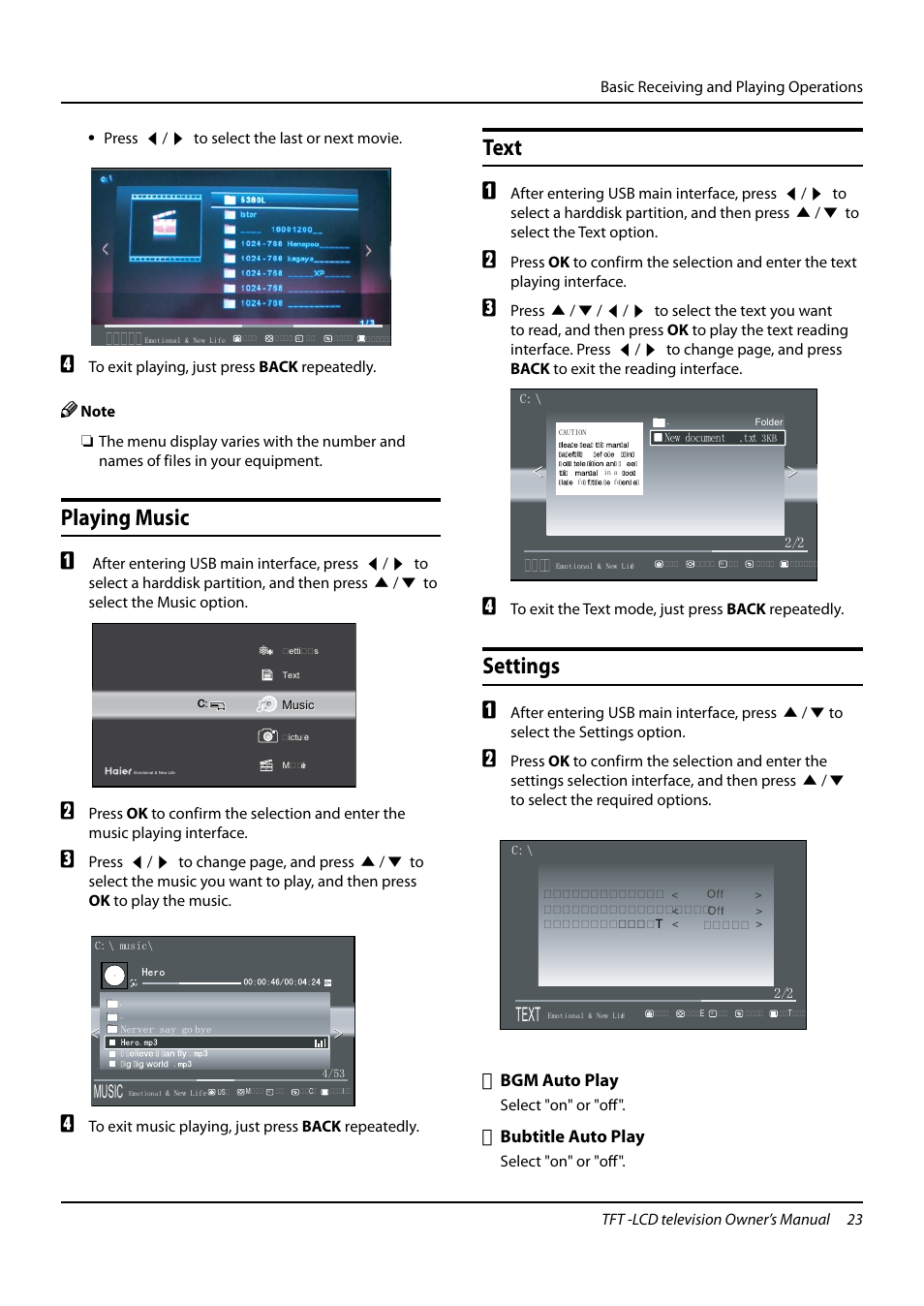 Playing music, Text, Settings | haier TFT-LCD TELEVISION L32K3 User Manual | Page 23 / 27