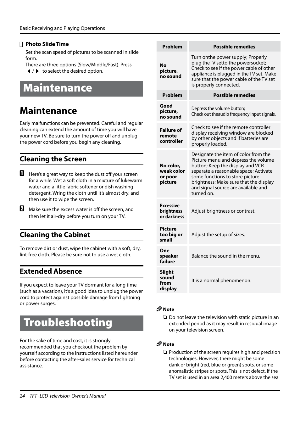 Maintenance, Troubleshooting, Cleaning the screen | Cleaning the cabinet, Extended absence | haier TFT-LCD TELEVISION L32K3 User Manual | Page 24 / 27