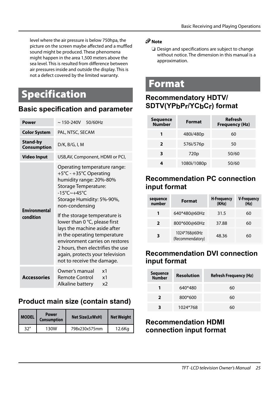 Specification, Format, Basic specification and parameter | Product main size (contain stand), Recommendatory hdtv/ sdtv(ypbpr/ycbcr) format, Recommendation pc connection input format, Recommendation dvi connection input format, Recommendation hdmi connection input format | haier TFT-LCD TELEVISION L32K3 User Manual | Page 25 / 27