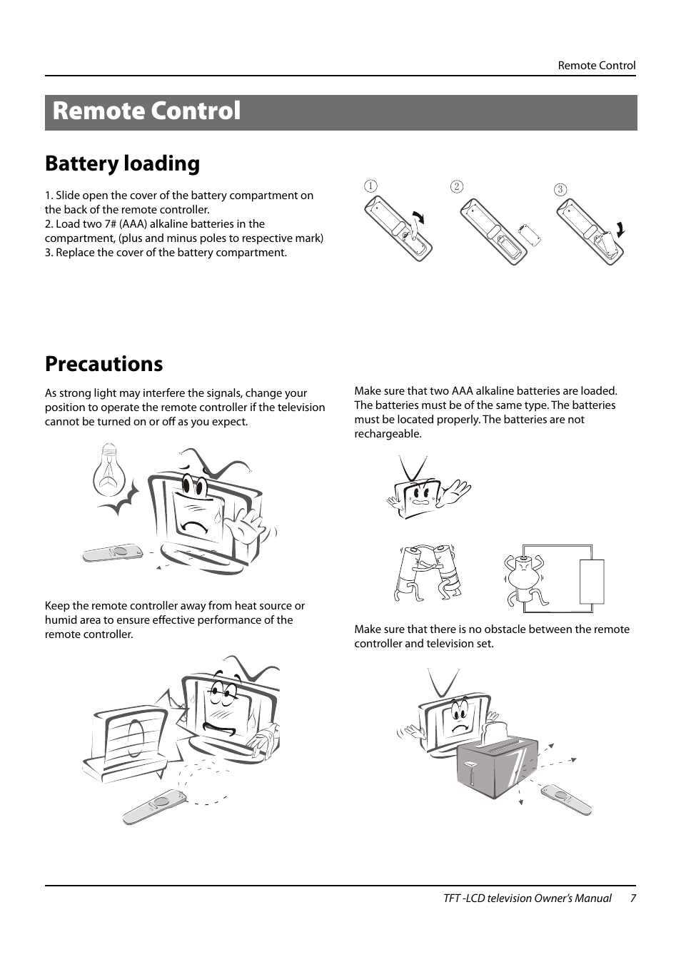 Remote control, Battery loading, Precautions | haier TFT-LCD TELEVISION L32K3 User Manual | Page 7 / 27