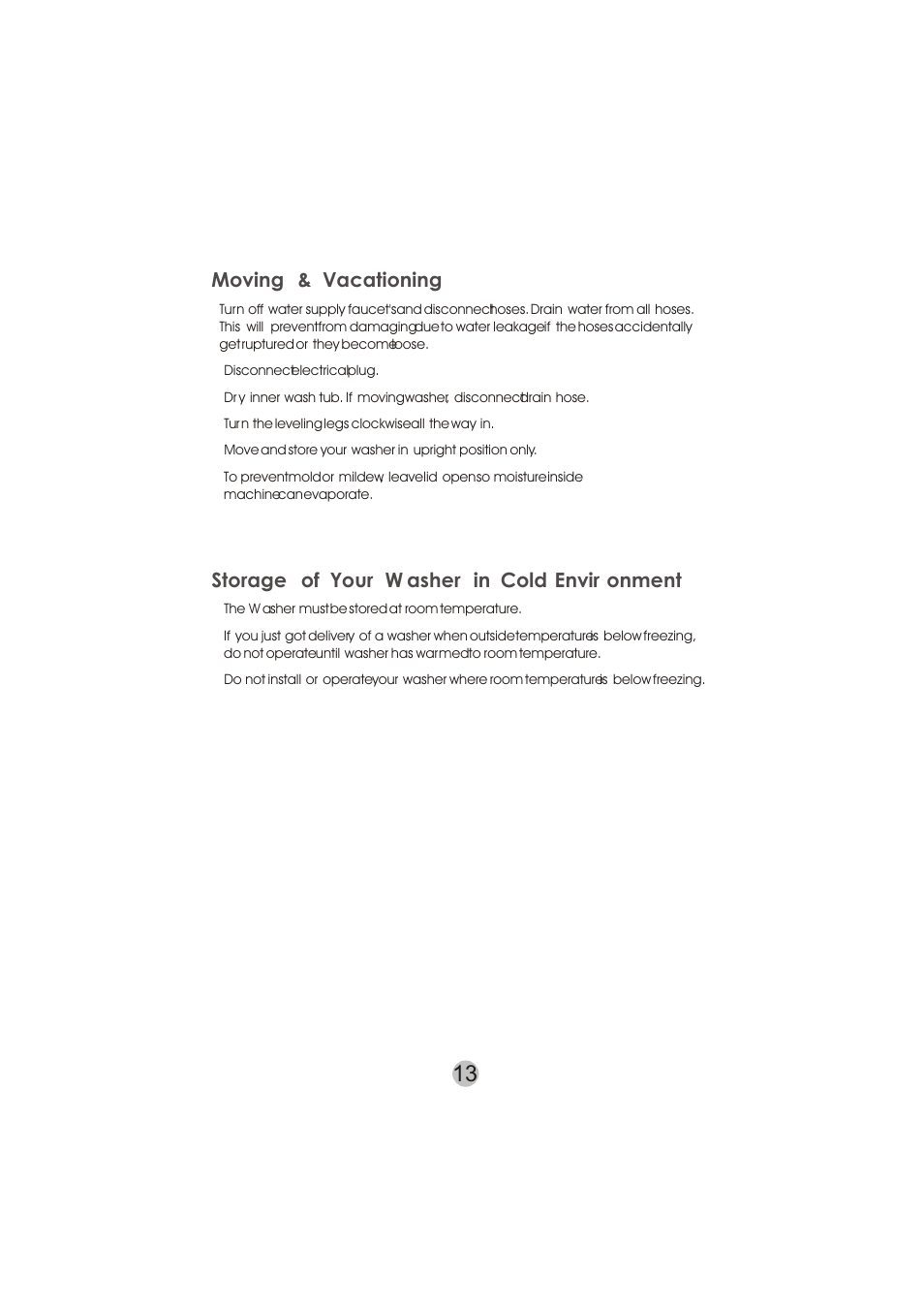 Moving & vacationing, Storage of your w asher in cold envir onment | haier HWM50TLF User Manual | Page 14 / 21