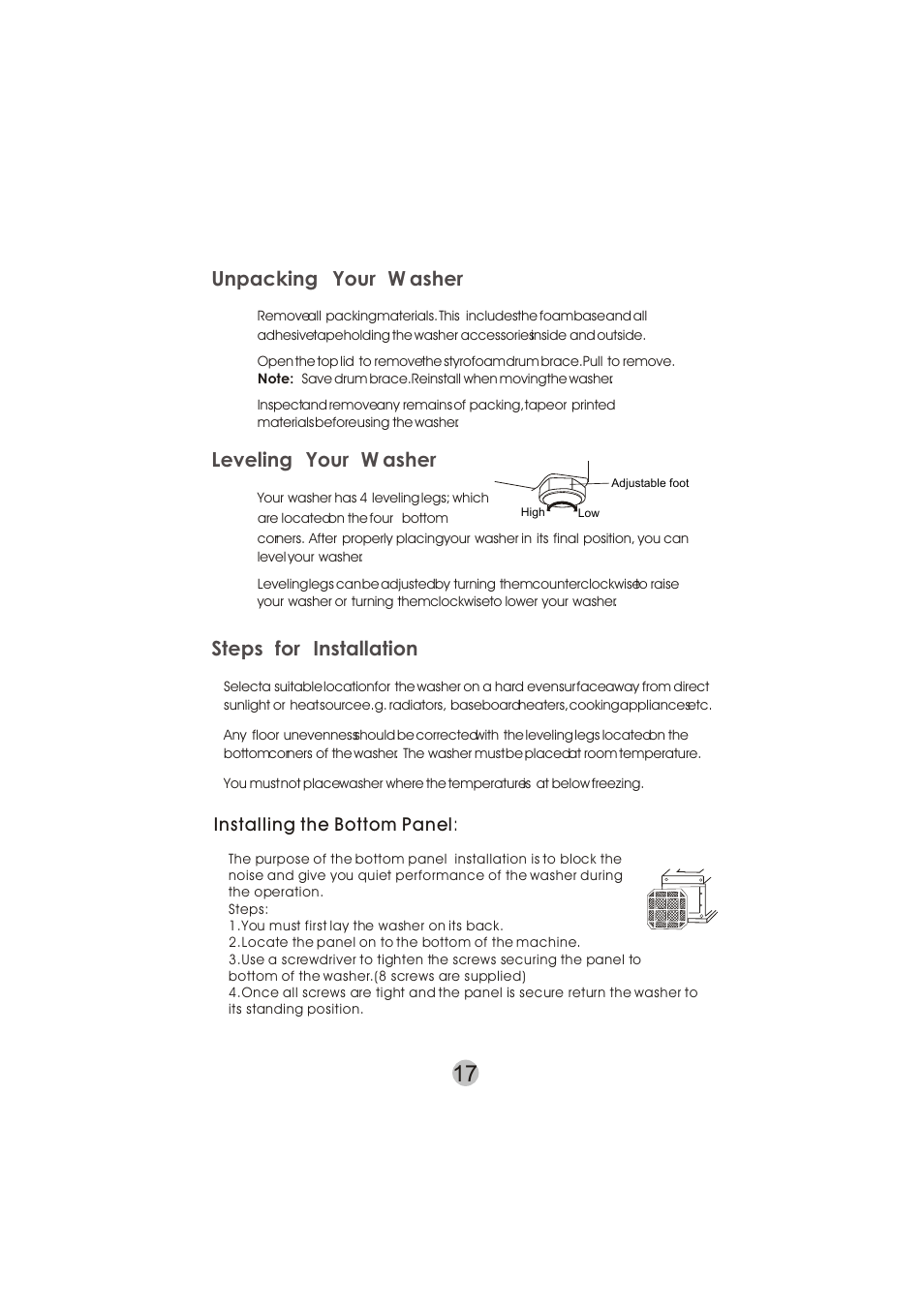 Unpacking your w asher, Leveling your w asher, Steps for installation | Installing the bottom panel | haier HWM50TLF User Manual | Page 18 / 21