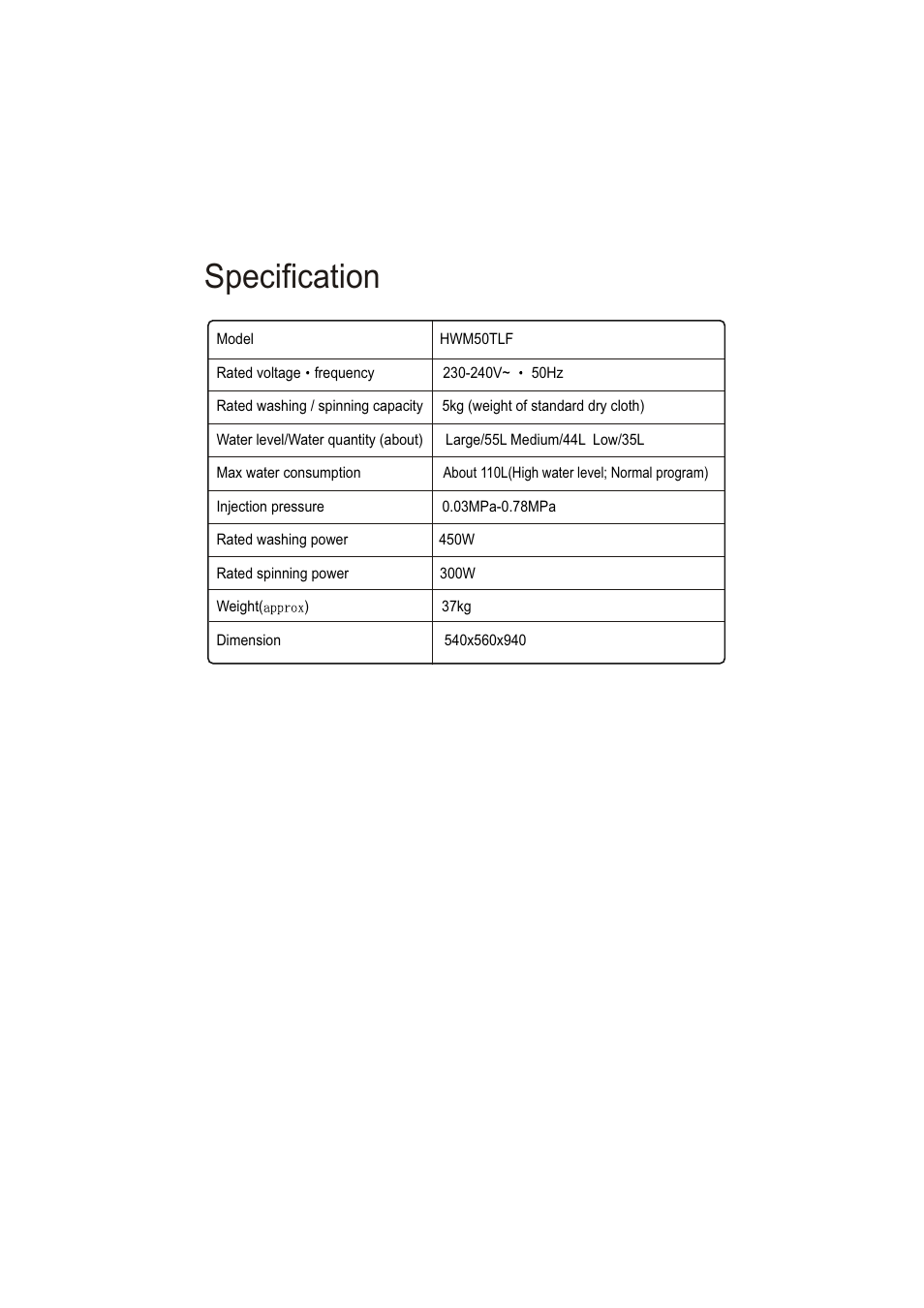 Specification | haier HWM50TLF User Manual | Page 21 / 21