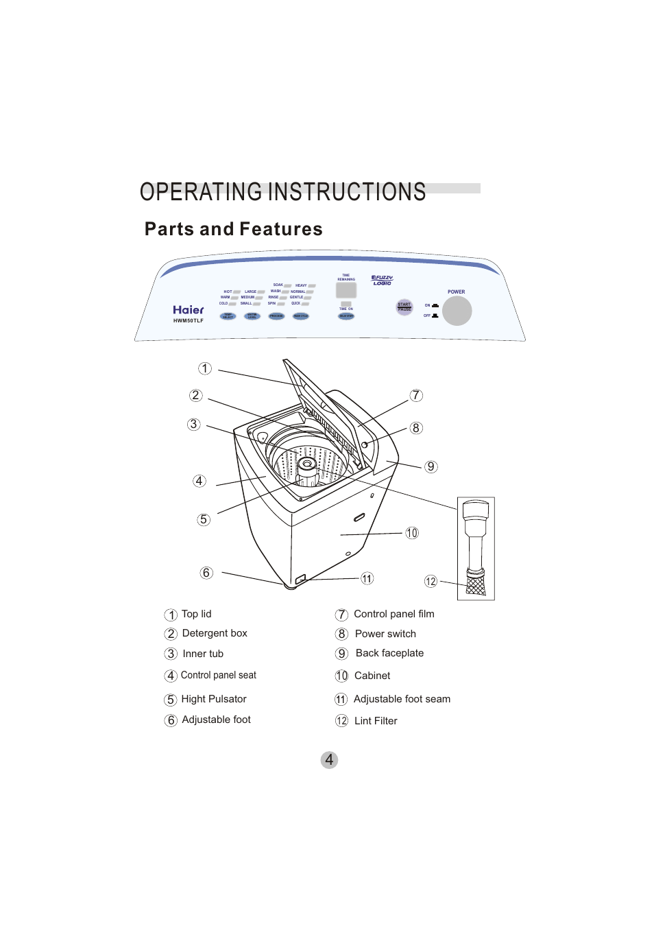 Operating instructions, Parts and features | haier HWM50TLF User Manual | Page 5 / 21