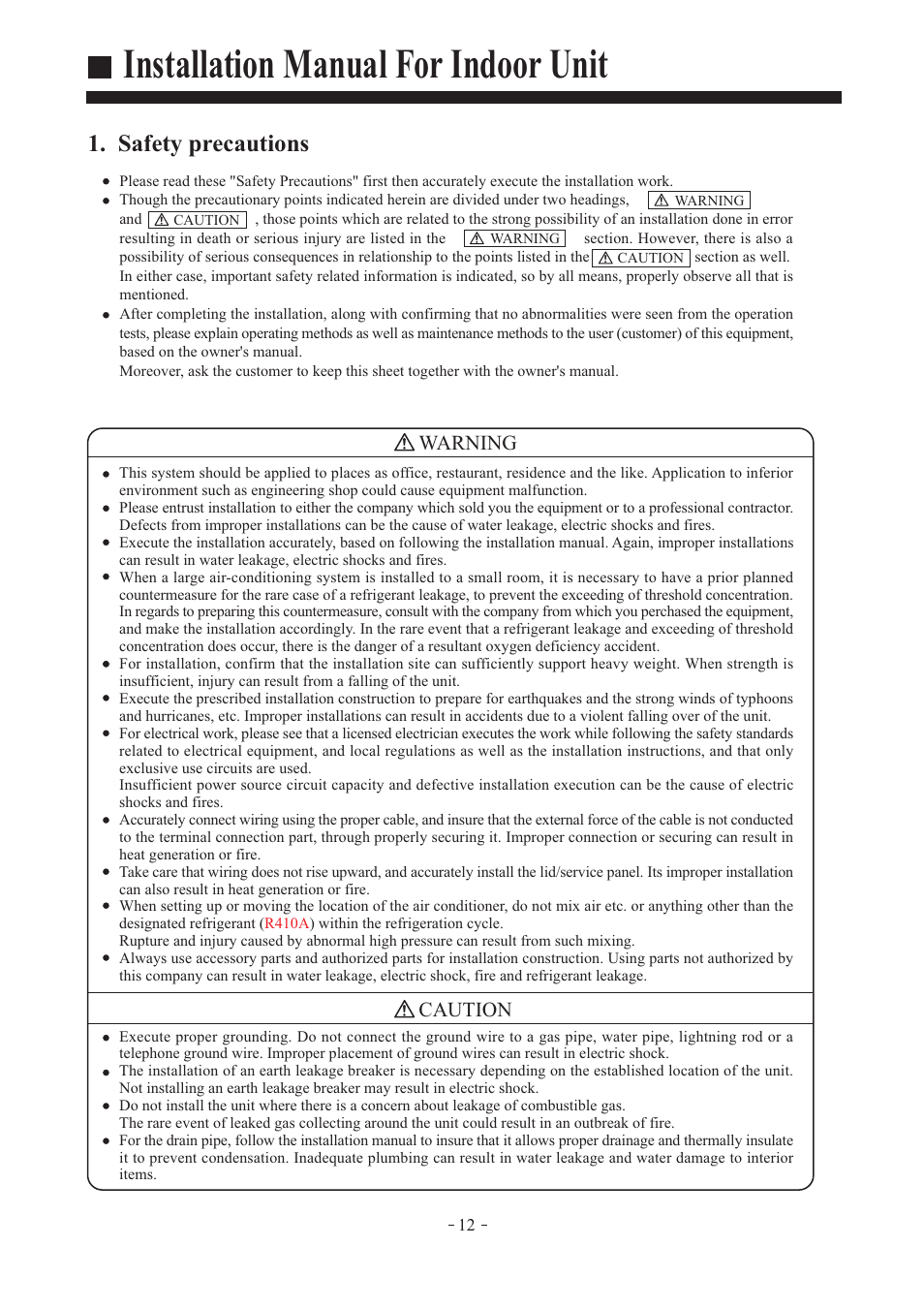 Installation manual for indoor unit, Safety precautions, Warning | Caution | haier AD362AMEAA User Manual | Page 13 / 22