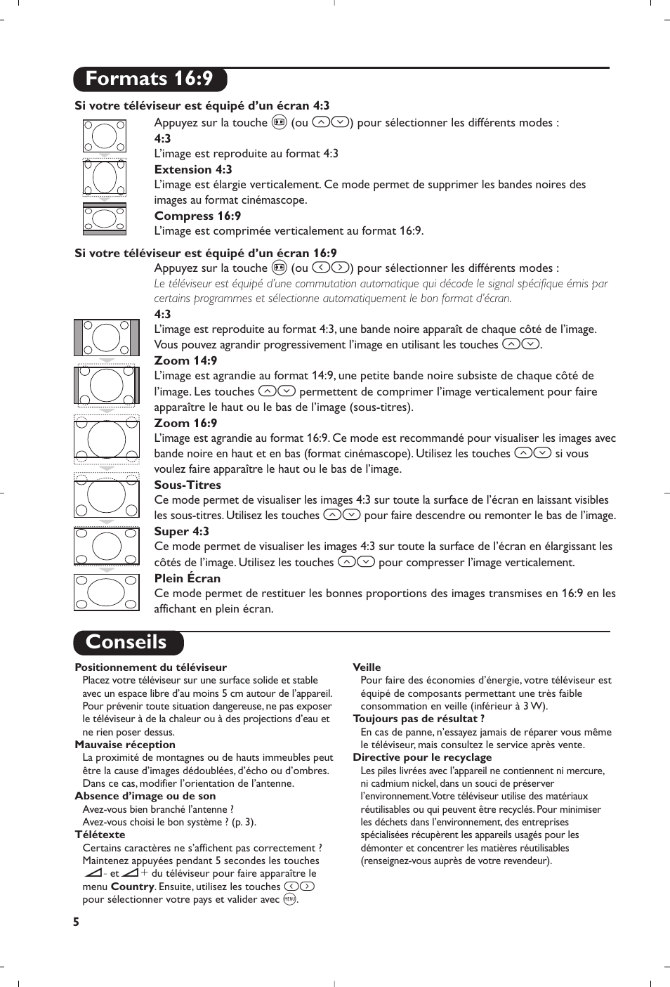 Conseils, Formats 16:9 | Philips 21PT5458 User Manual | Page 12 / 96