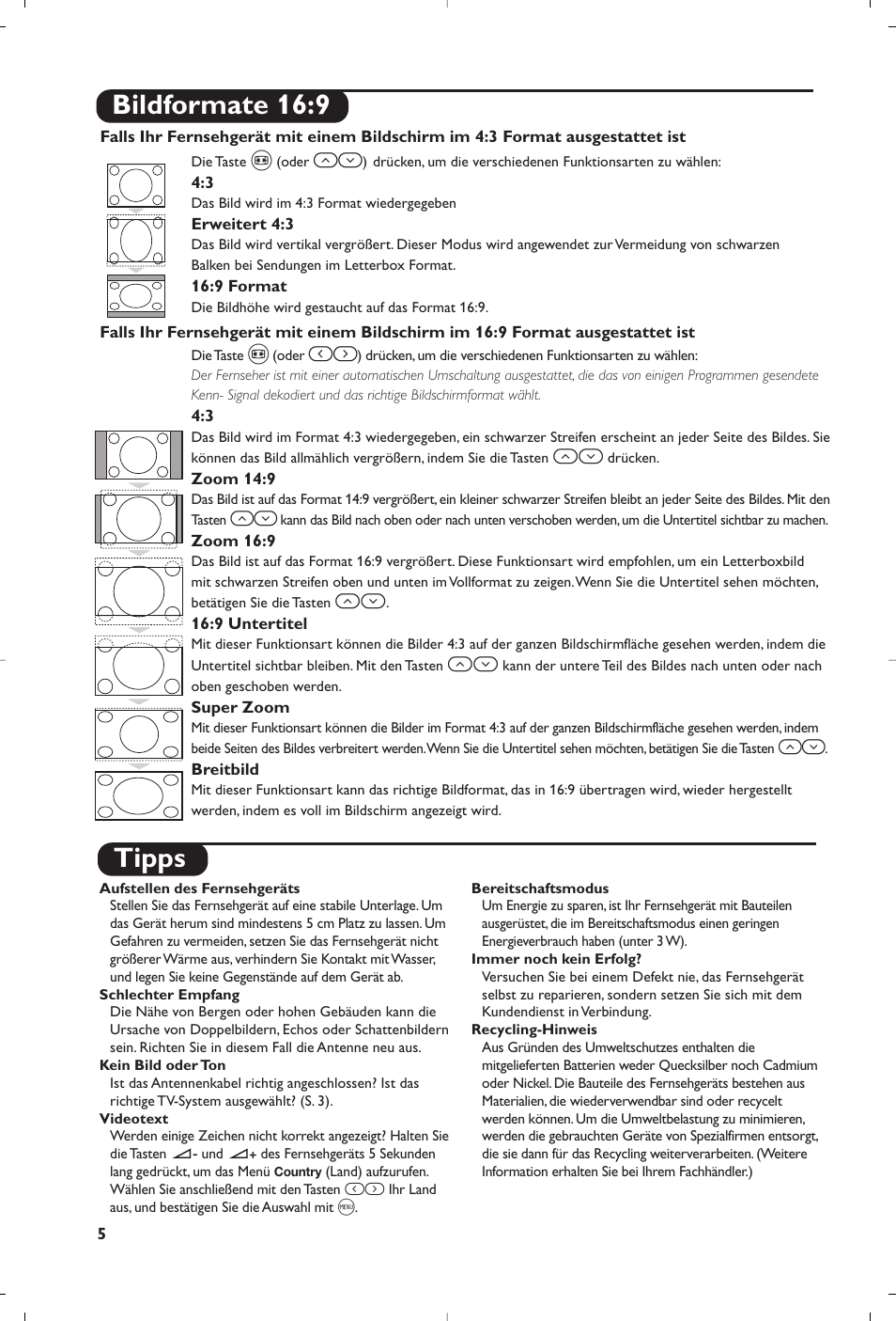 Tipps, Bildformate 16:9 | Philips 21PT5458 User Manual | Page 22 / 96