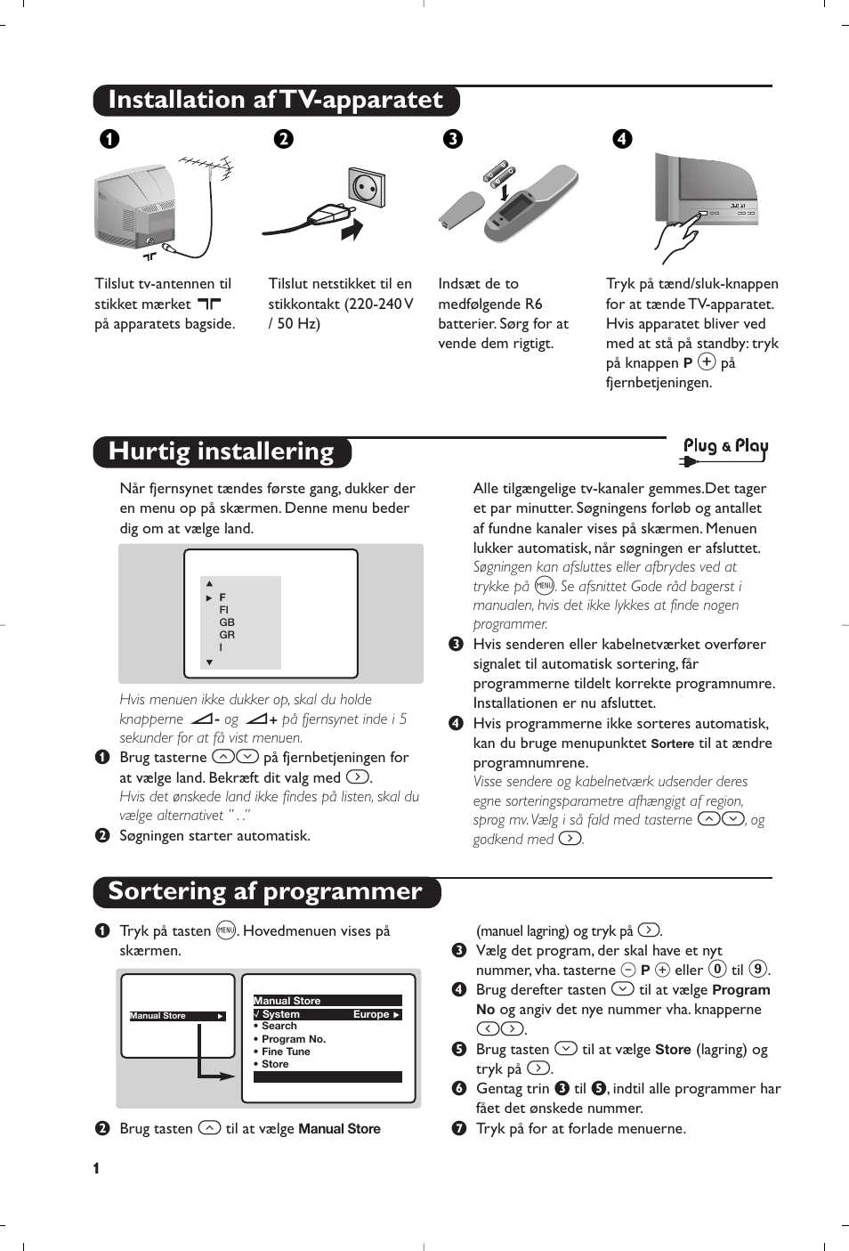 Installation af tv-apparatet, Hurtig installering sortering af programmer, Жв к | Philips 21PT5458 User Manual | Page 28 / 96