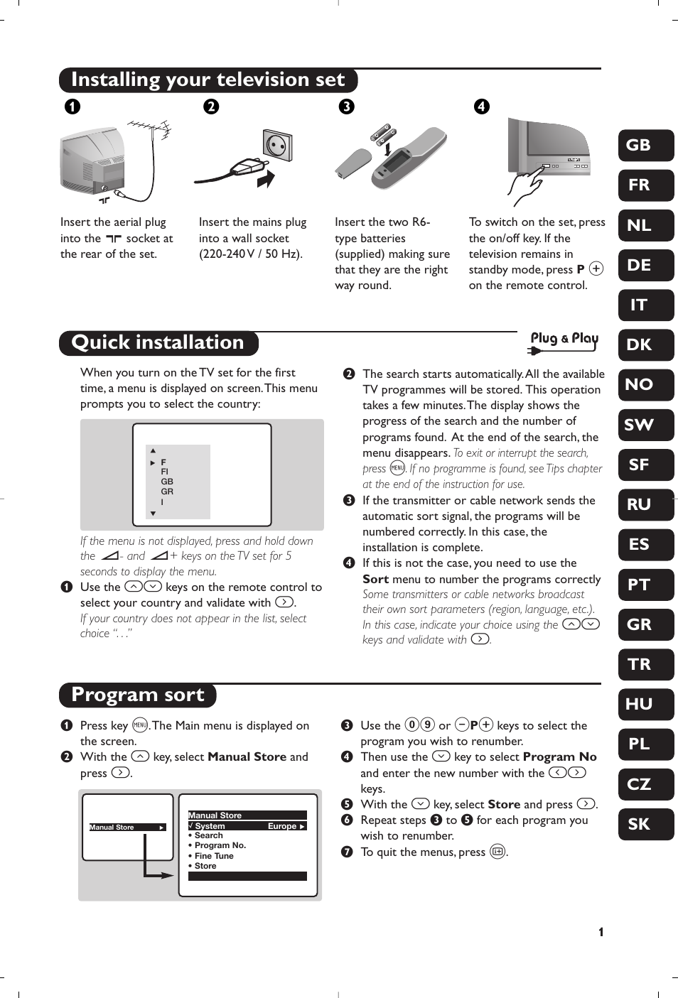 Installing your television set, Quick installation program sort, Жв к | Philips 21PT5458 User Manual | Page 3 / 96