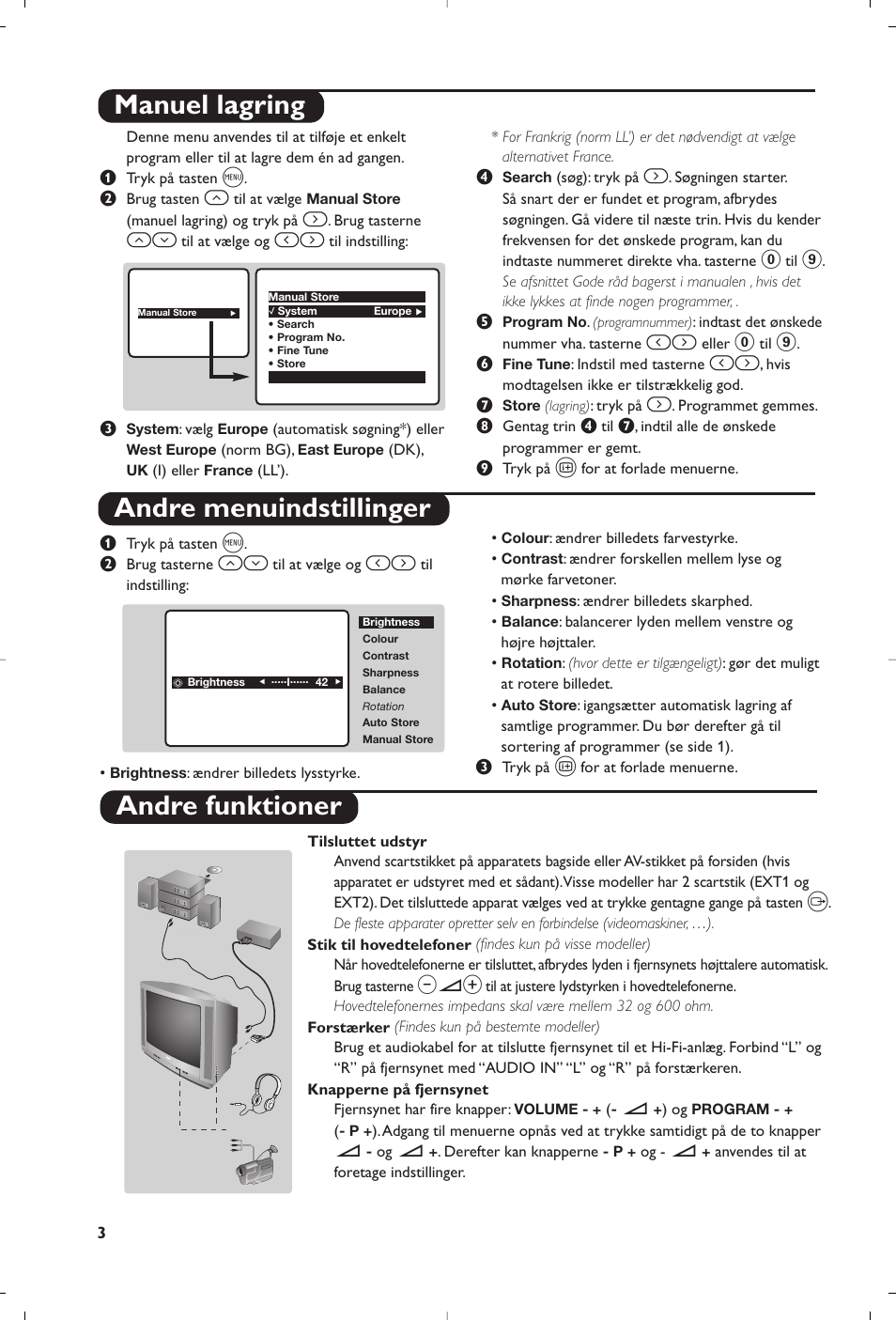 Manuel lagring andre menuindstillinger, Andre funktioner | Philips 21PT5458 User Manual | Page 30 / 96