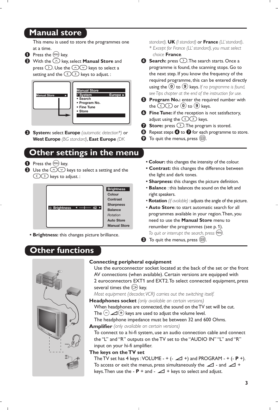 Manual store other settings in the menu, Other functions | Philips 21PT5458 User Manual | Page 5 / 96