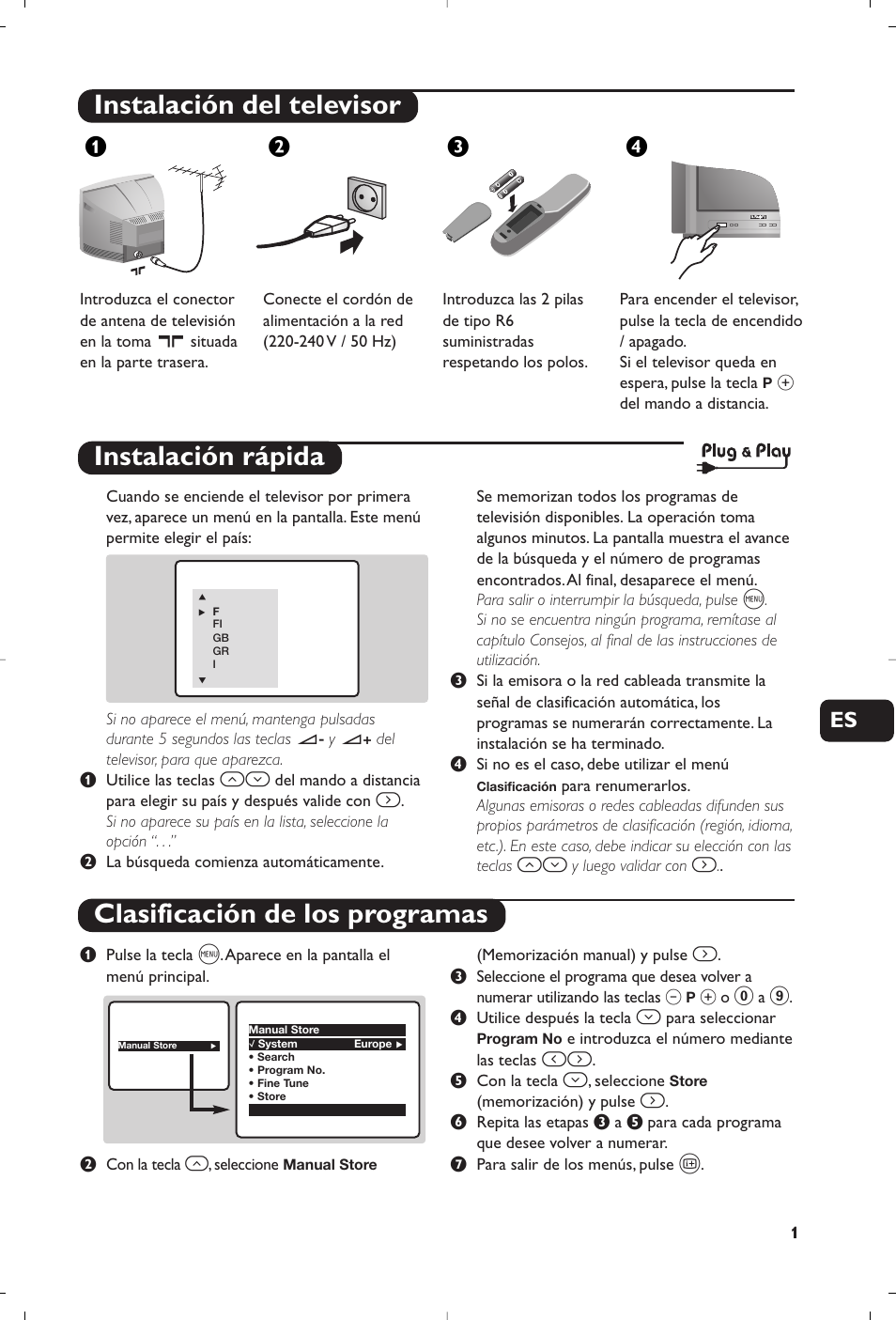 Instalación del televisor, Instalación rápida clasificación de los programas, Жв к | Philips 21PT5458 User Manual | Page 53 / 96