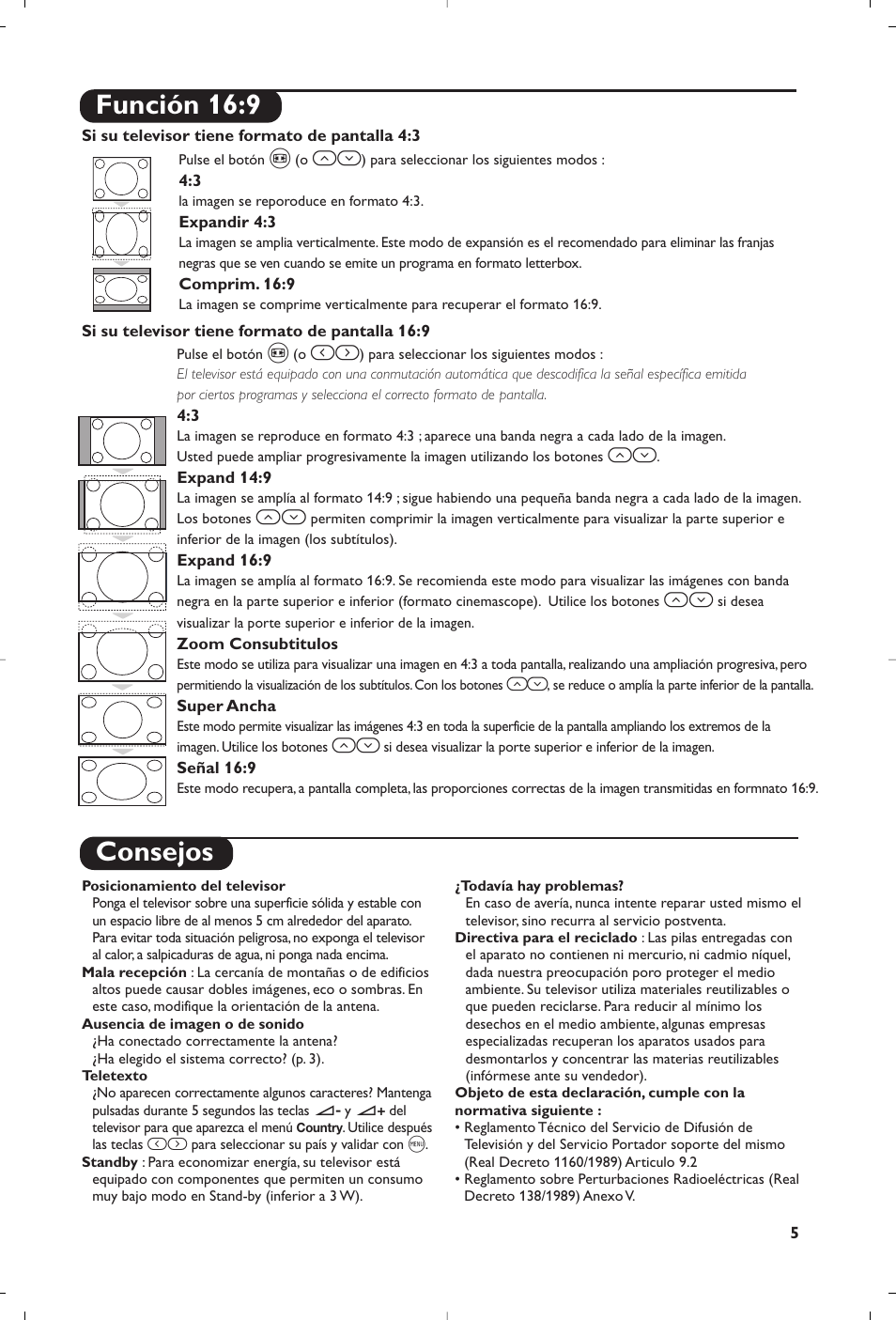 Consejos, Función 16:9 | Philips 21PT5458 User Manual | Page 57 / 96