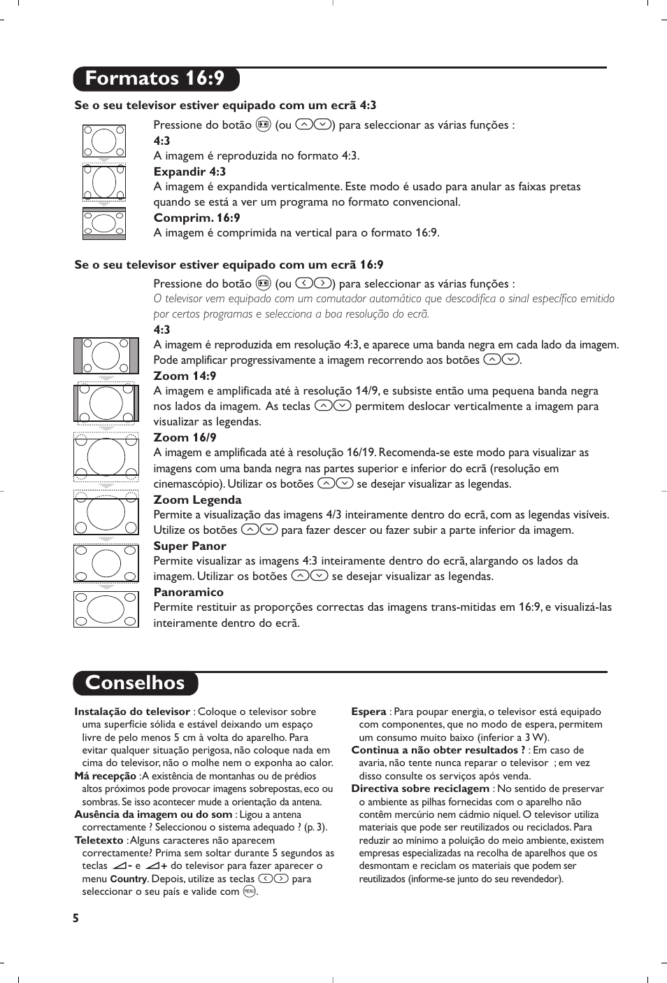 Conselhos, Formatos 16:9 | Philips 21PT5458 User Manual | Page 62 / 96