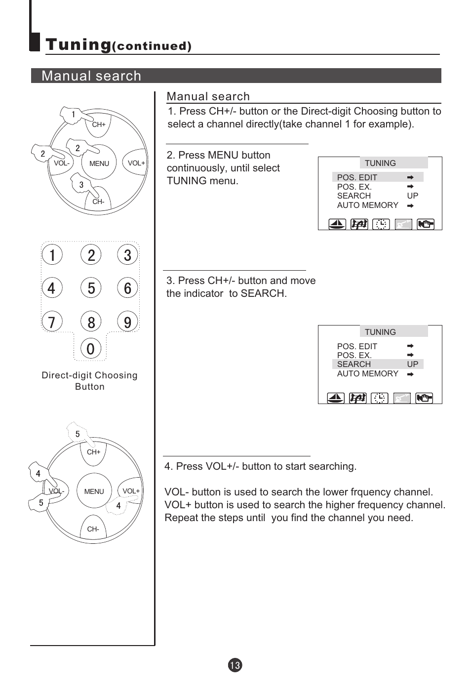 Tuning, Manual search, Continued) | haier 21T5A User Manual | Page 14 / 32