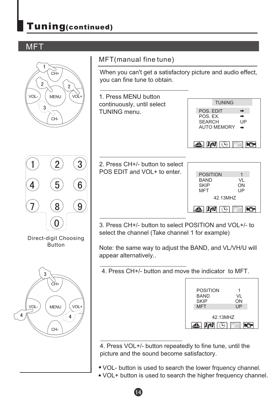 Tuning, Continued), Mft(manual fine tune) | haier 21T5A User Manual | Page 15 / 32