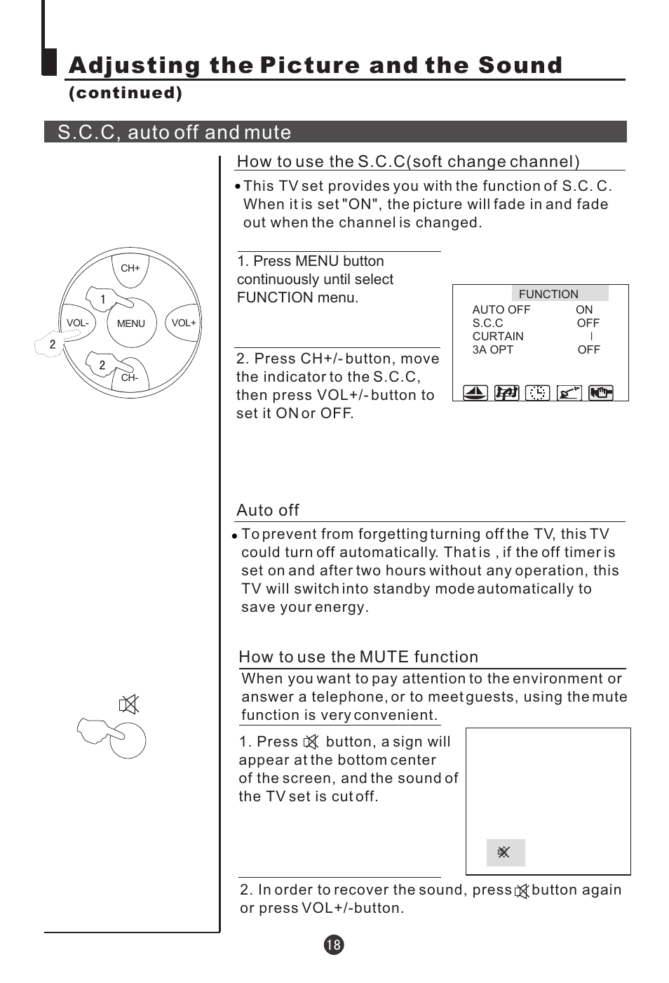 Adjusting the picture and the sound, S.c.c, auto off and mute | haier 21T5A User Manual | Page 19 / 32
