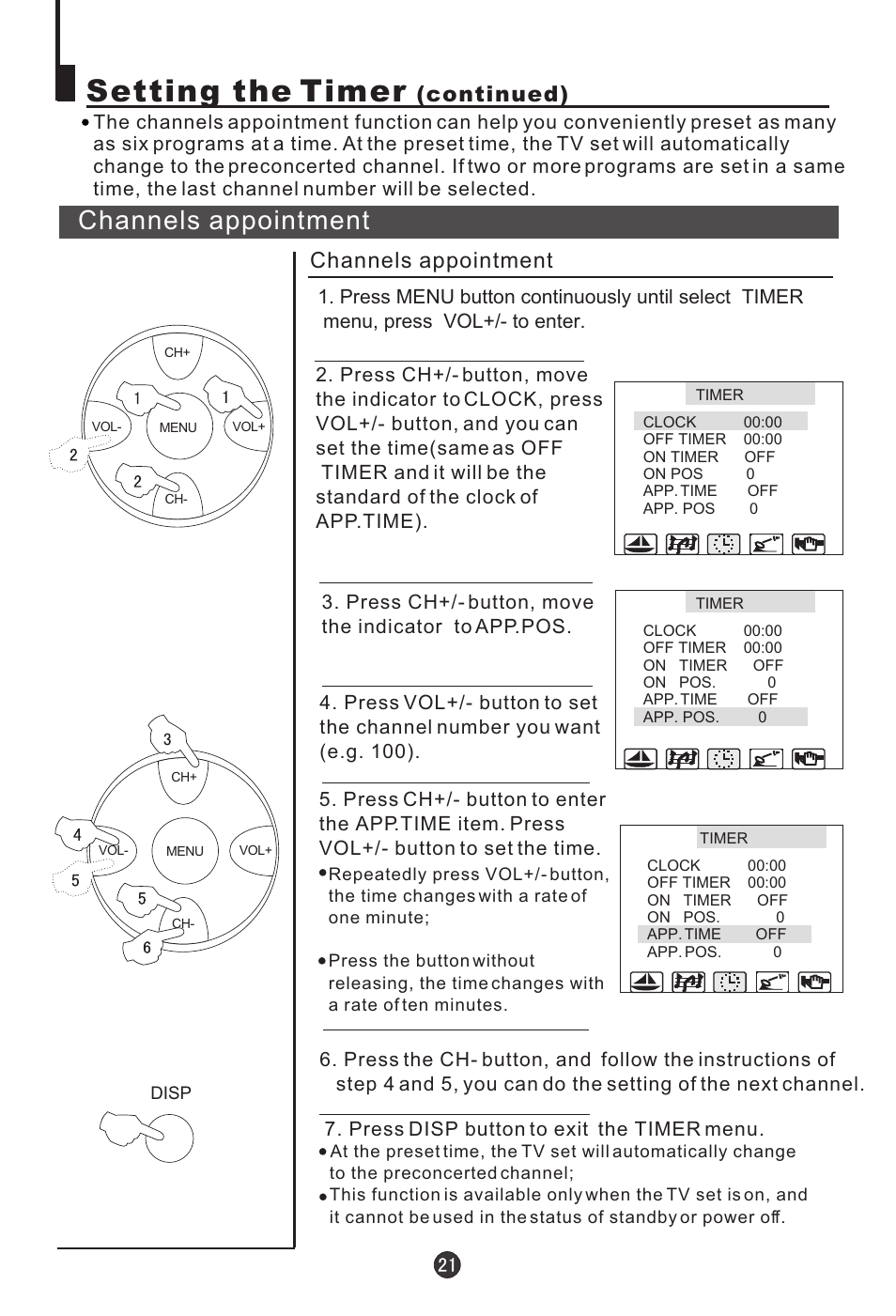 Setting the timer, Channels appointment, Continued) | haier 21T5A User Manual | Page 22 / 32