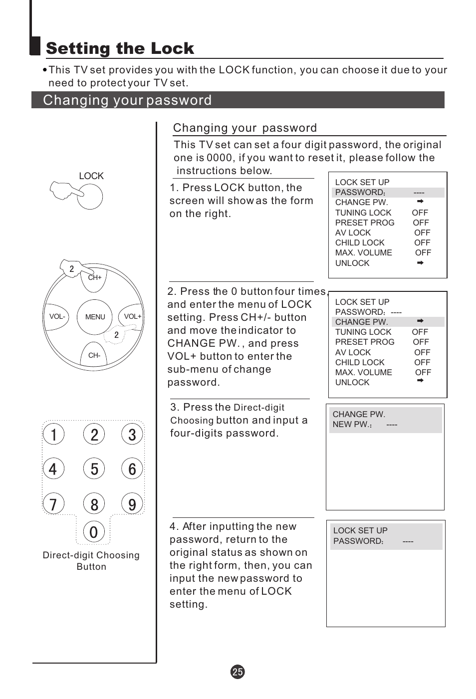 Setting the lock, Changing your password | haier 21T5A User Manual | Page 26 / 32