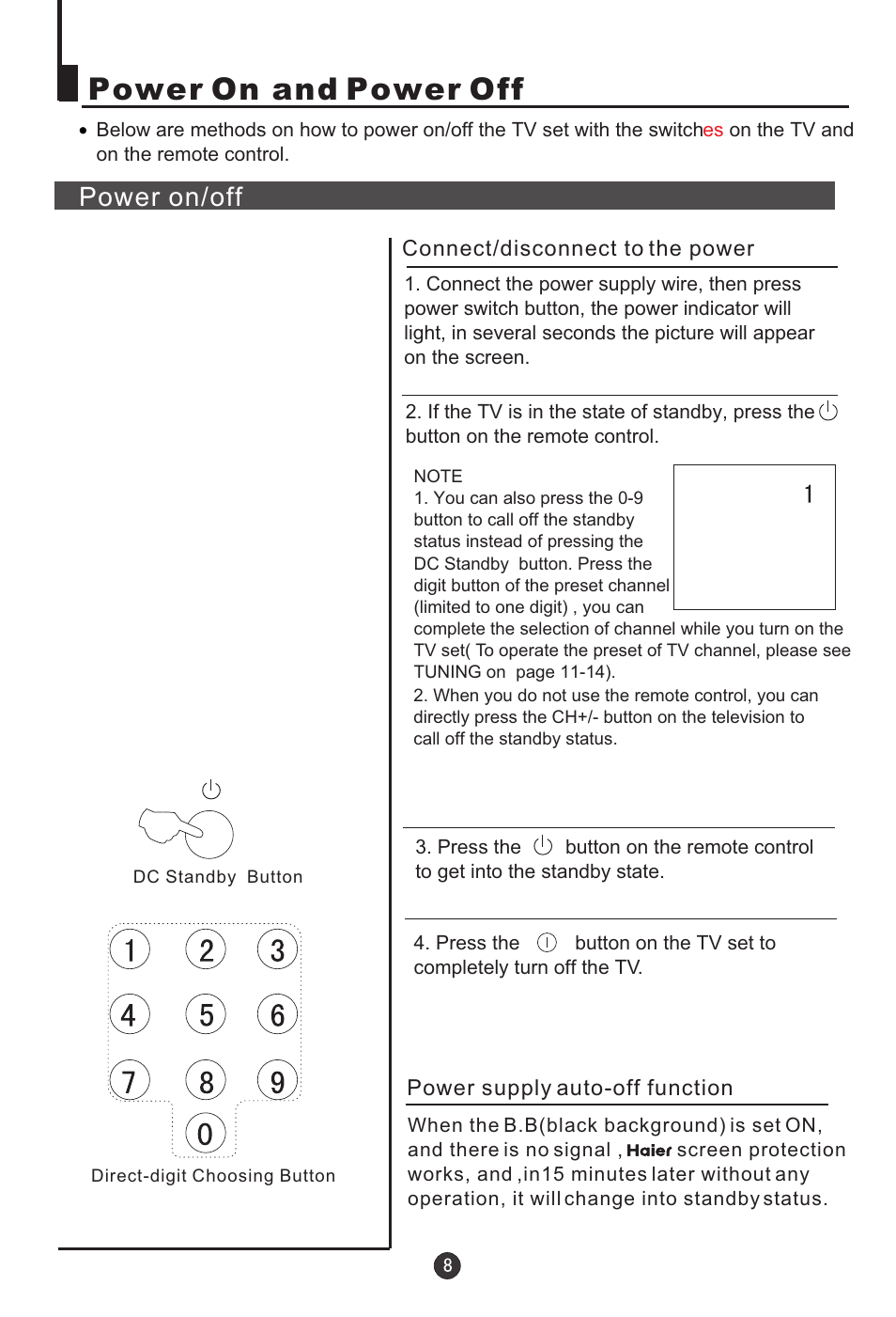 Power on and power off, Power on/off | haier 21T5A User Manual | Page 9 / 32