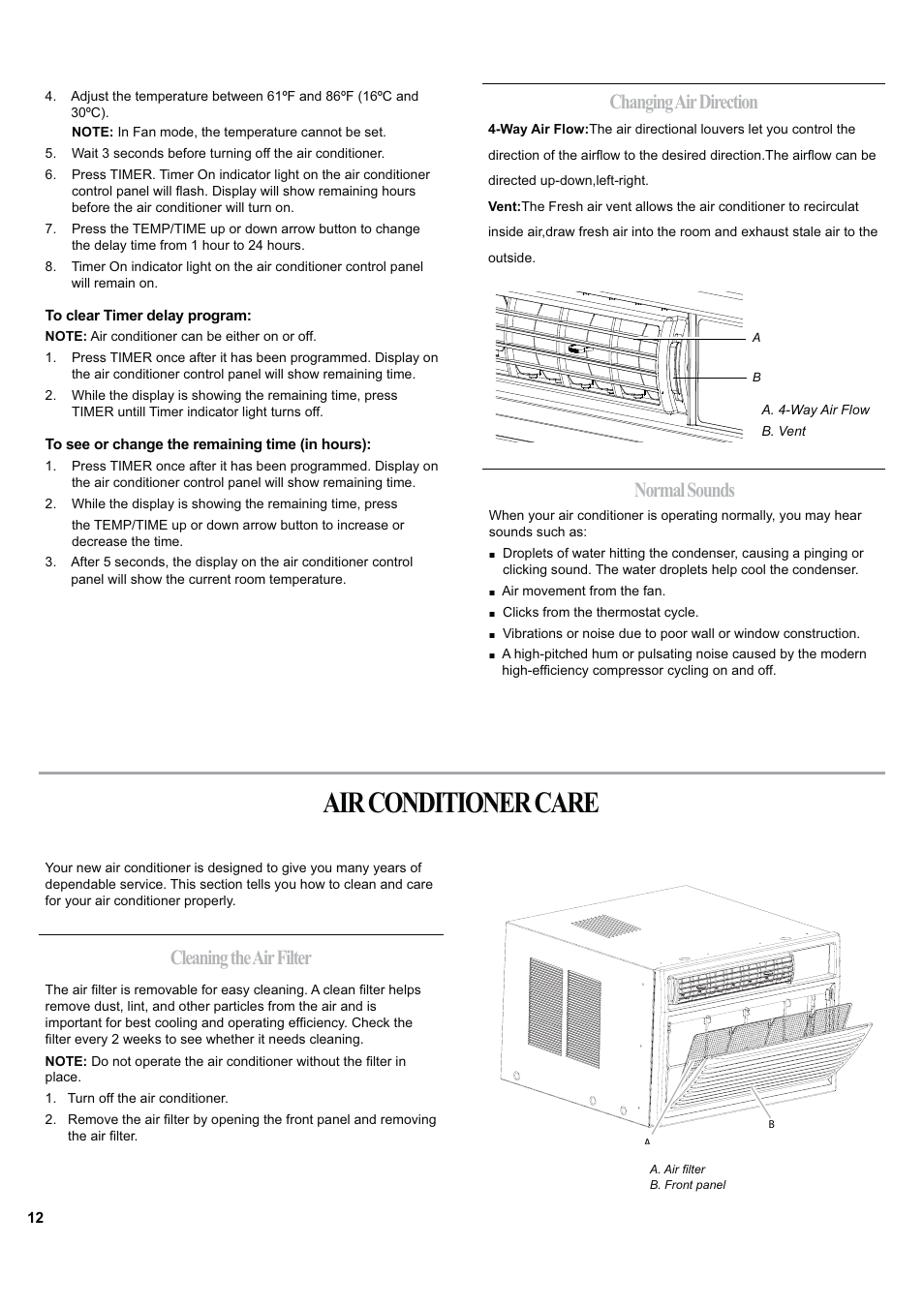 Air conditioner care, Normal sounds cleaning the air filter, Changing air direction | haier ESA424J-L User Manual | Page 12 / 44