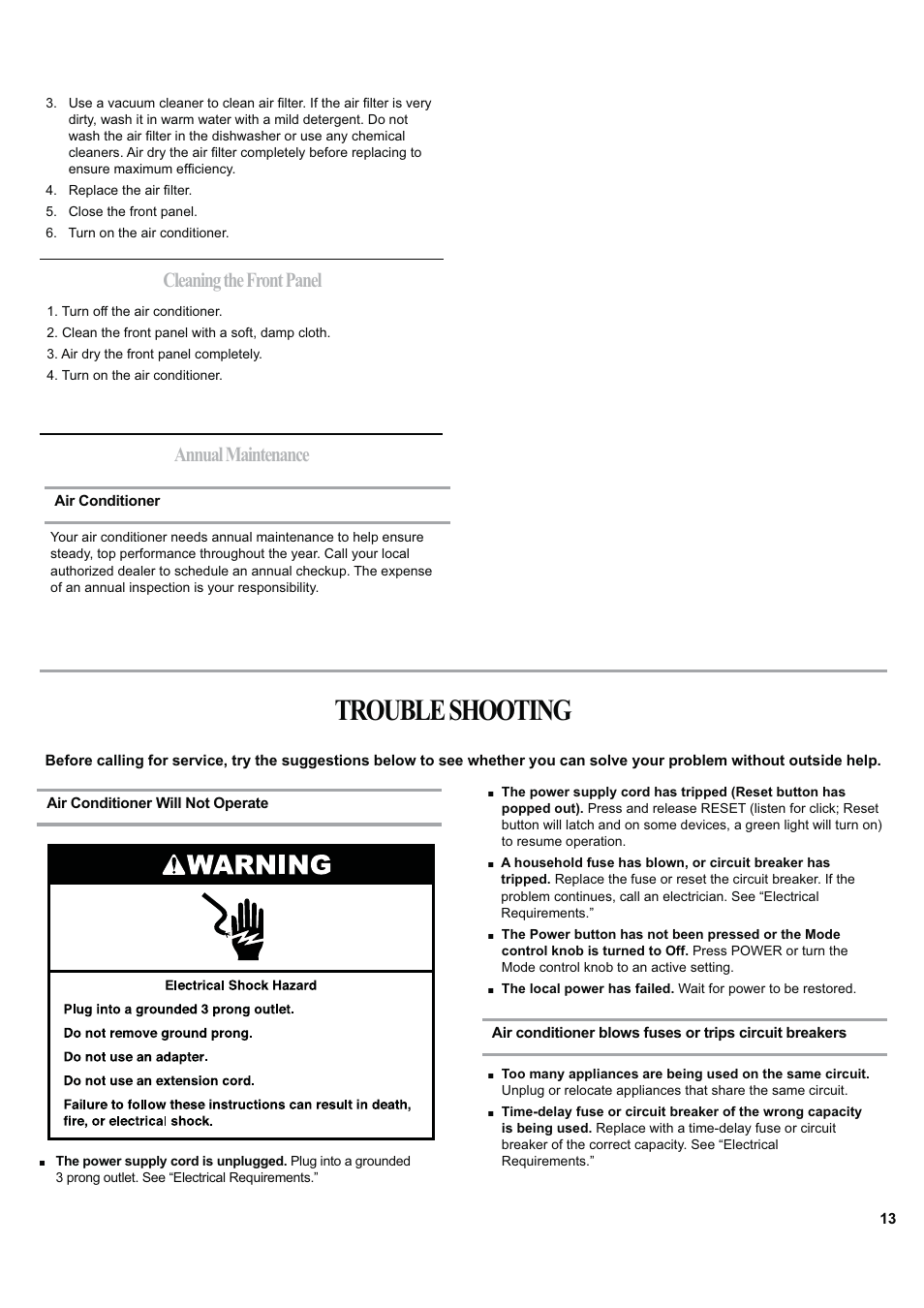 Trouble shooting, Cleaning the front panel annual maintenance | haier ESA424J-L User Manual | Page 13 / 44