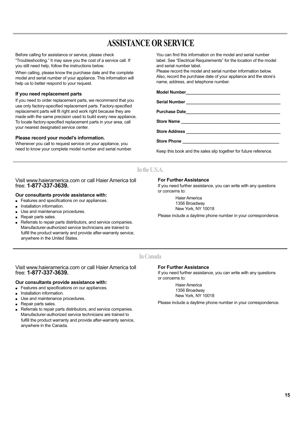 Assistance or service | haier ESA424J-L User Manual | Page 15 / 44