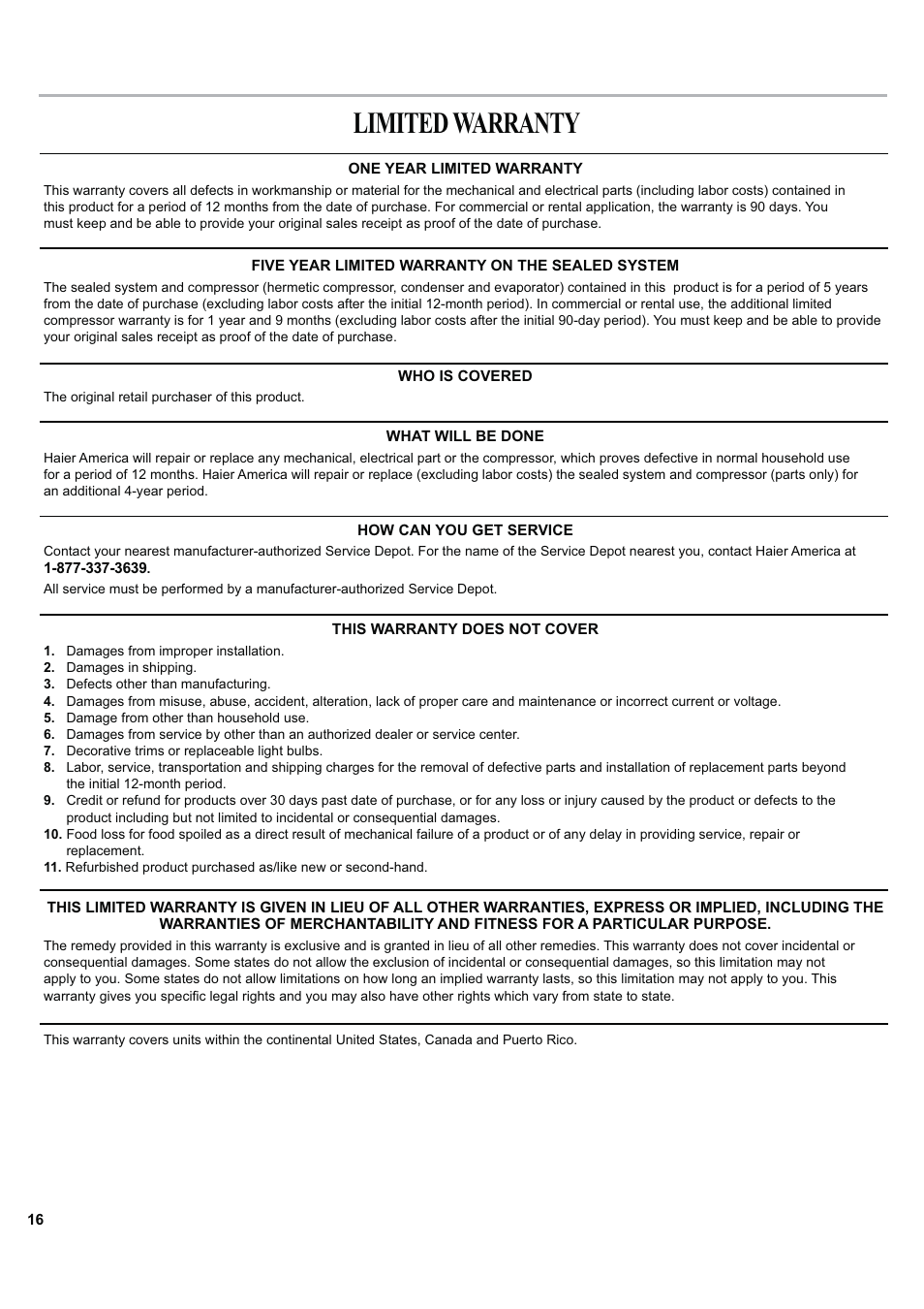 Limited warranty | haier ESA424J-L User Manual | Page 16 / 44