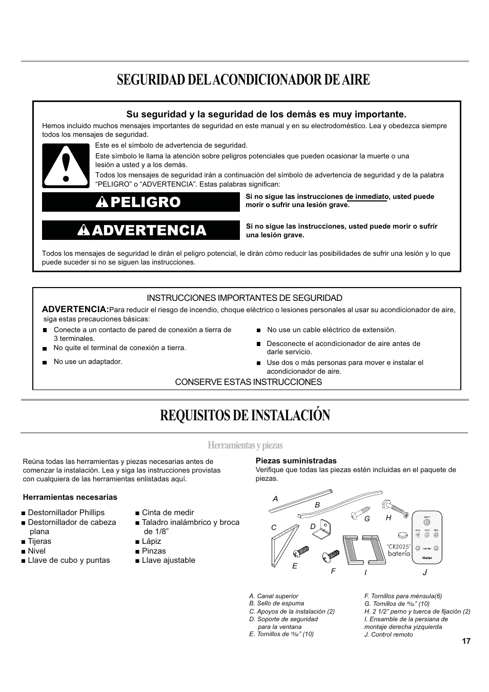 Peligro advertencia, Herramientas y piezas | haier ESA424J-L User Manual | Page 17 / 44