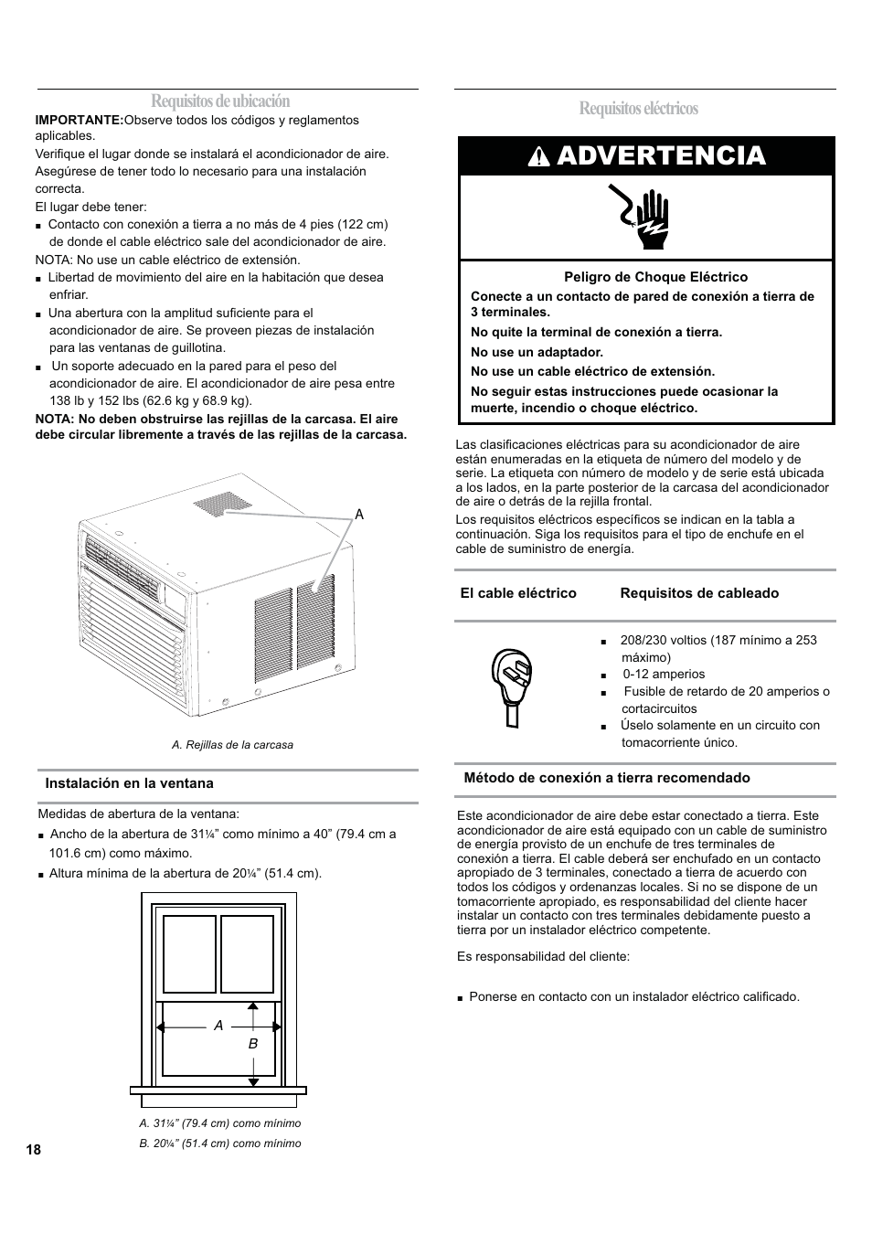 Advertencia, Requisitos de ubicación, Requisitos eléctricos | haier ESA424J-L User Manual | Page 18 / 44