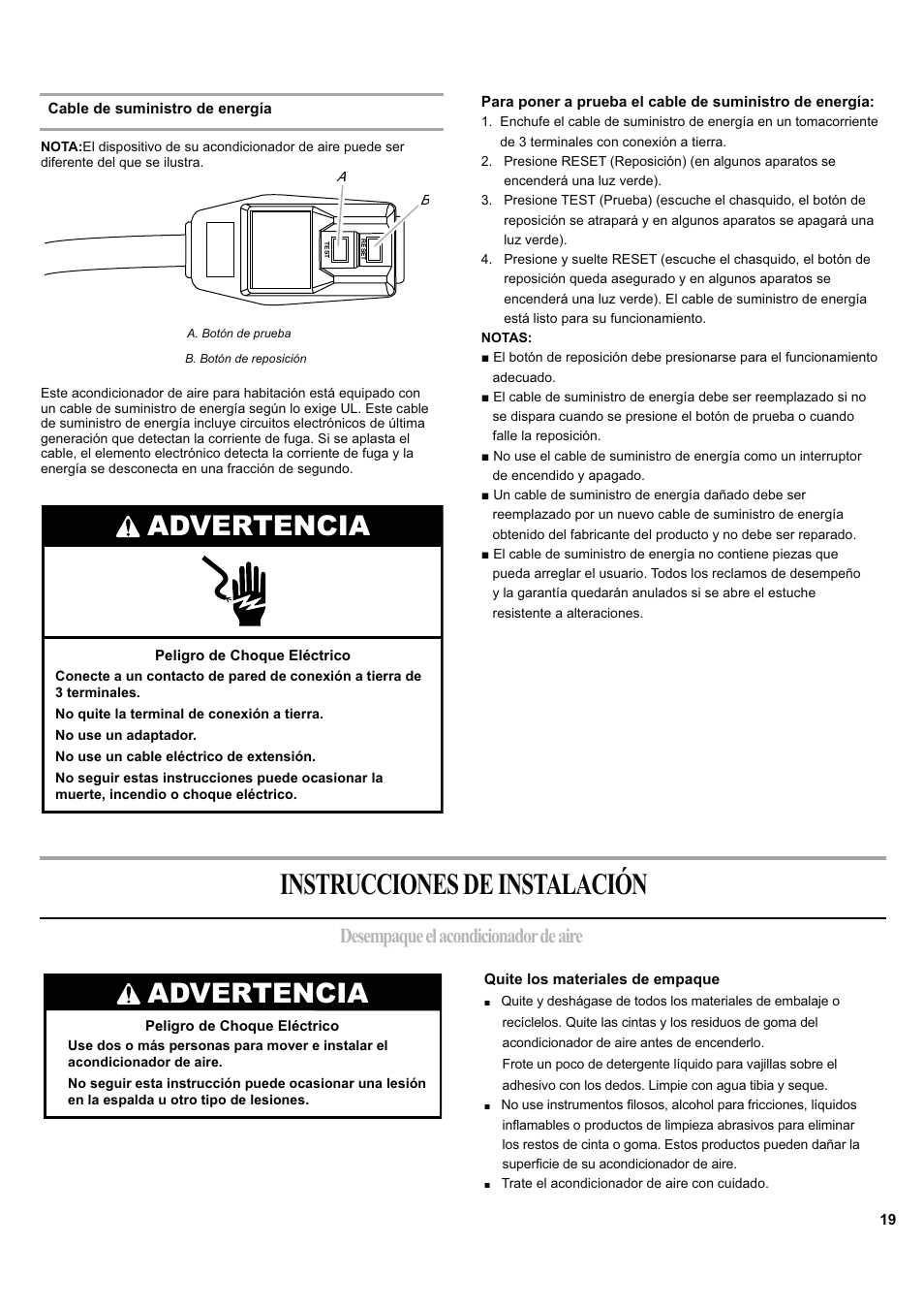 Instrucciones de instalación, Advertencia, Desempaque el acondicionador de aire | haier ESA424J-L User Manual | Page 19 / 44