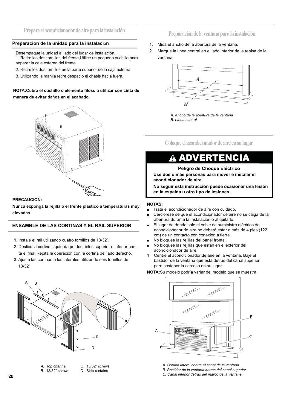 Advertencia, Coloque el acondicionador de aire en su lugar, Preparación de la ventana para la instalación | haier ESA424J-L User Manual | Page 20 / 44
