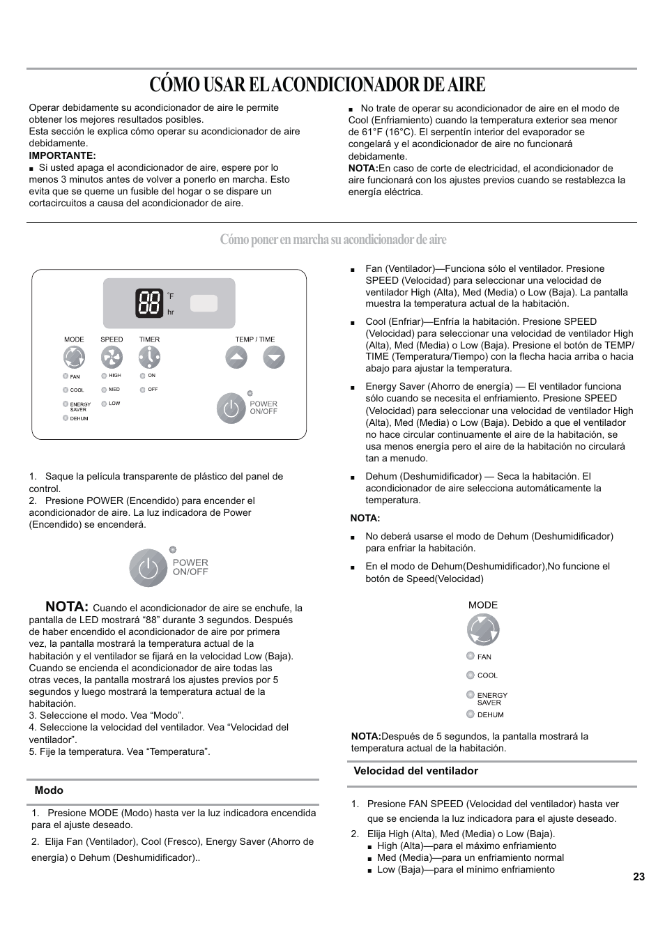 Cómo usar el acondicionador de aire, Cómo poner en marcha su acondicionador de aire, Nota | haier ESA424J-L User Manual | Page 23 / 44
