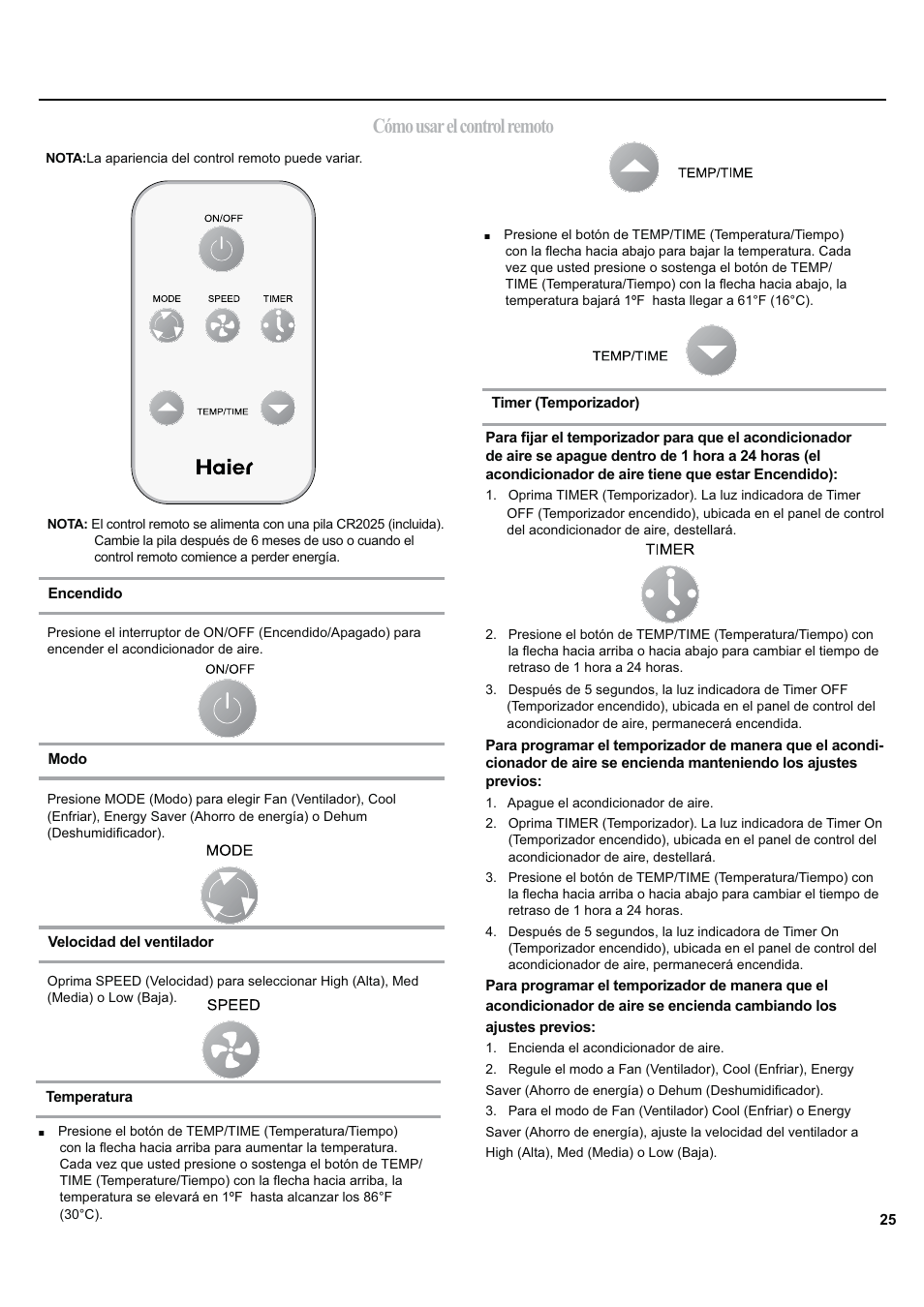 Cómo usar el control remoto | haier ESA424J-L User Manual | Page 25 / 44