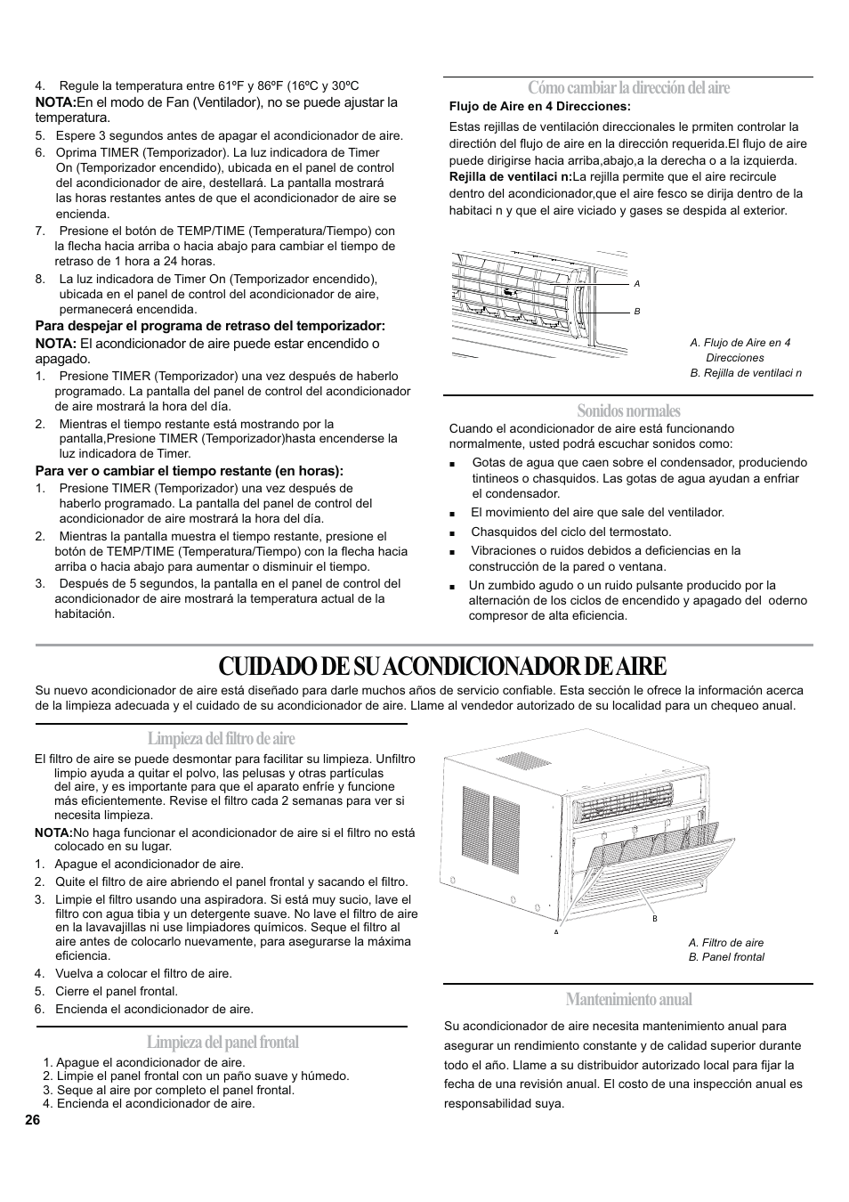 Cuidado de su acondicionador de aire, Cómo cambiar la dirección del aire | haier ESA424J-L User Manual | Page 26 / 44
