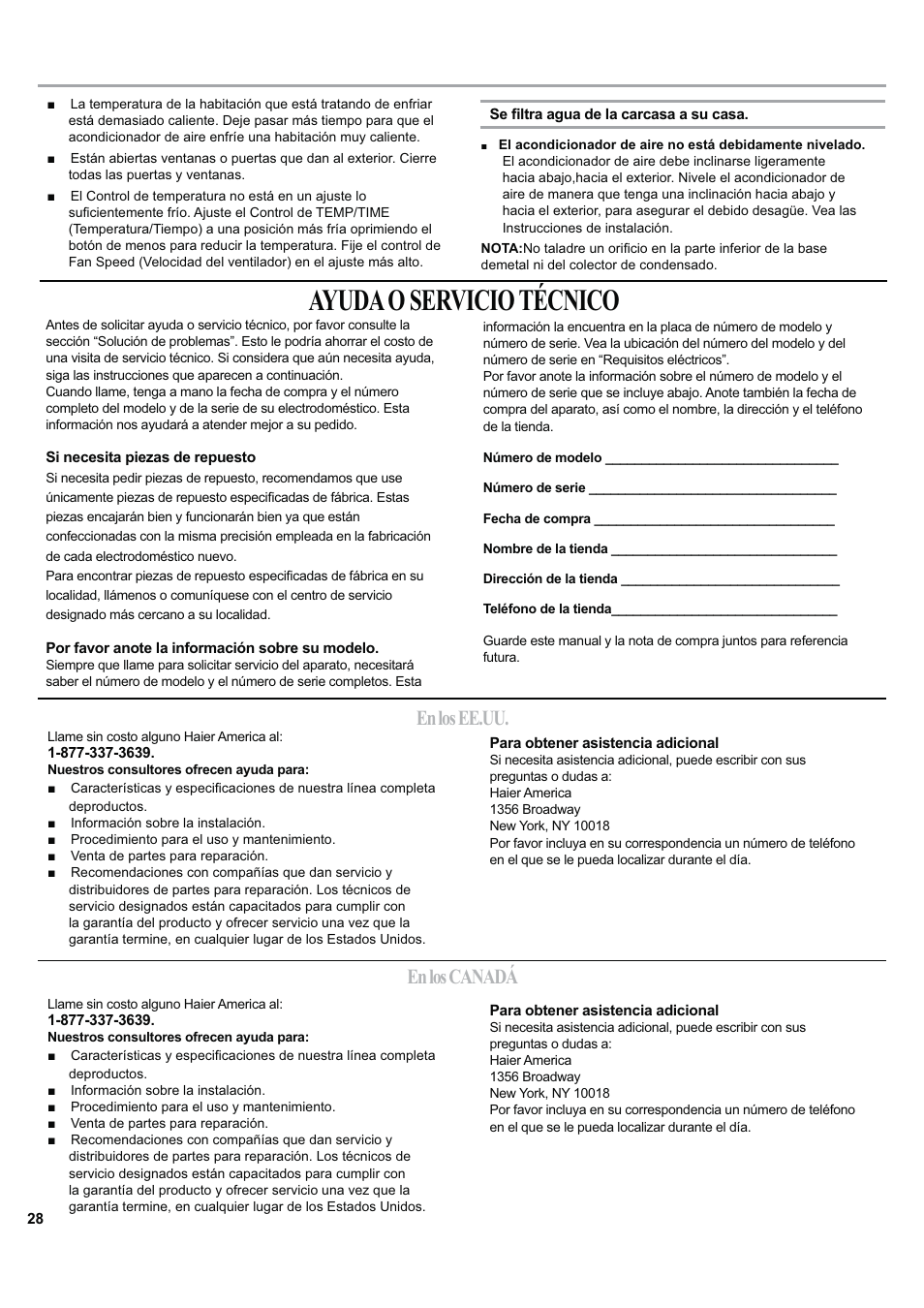 Ayuda o servicio técnico, En los ee.uu. en los canadá | haier ESA424J-L User Manual | Page 28 / 44