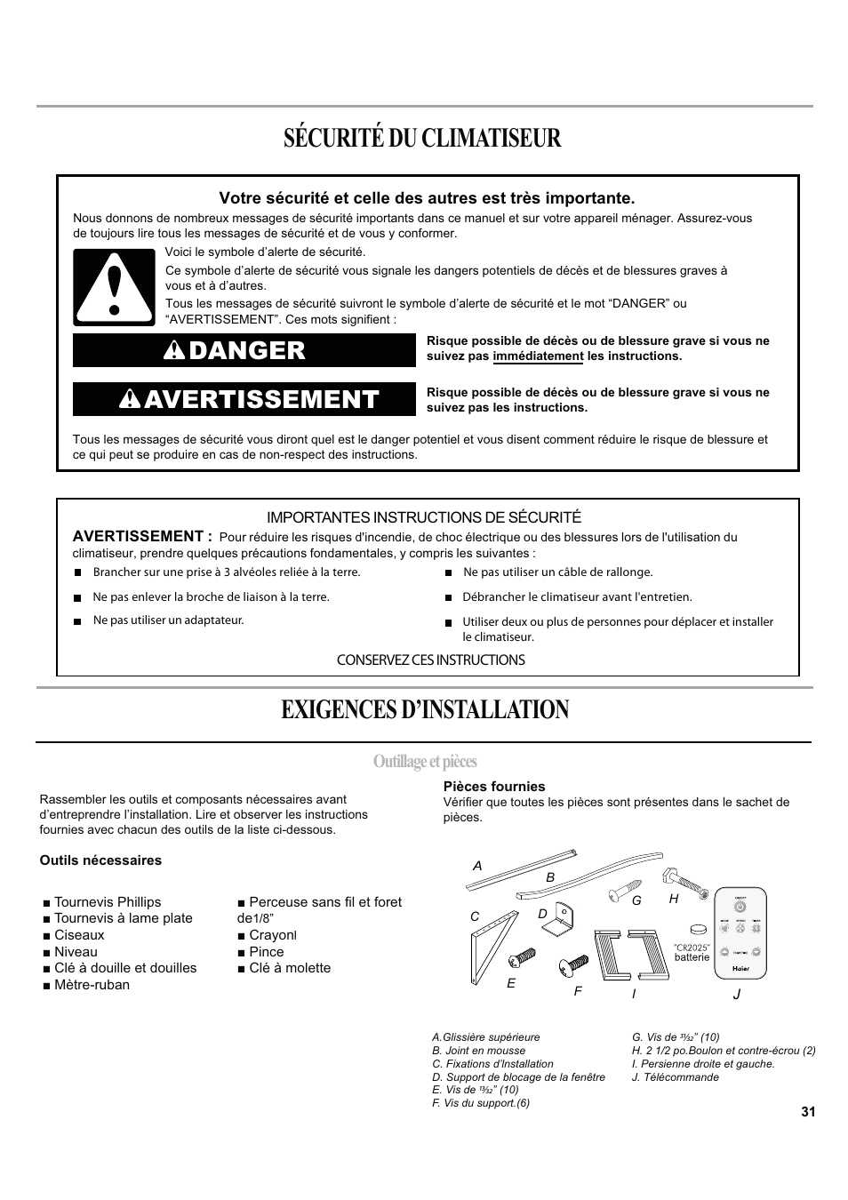 Sécurité du climatiseur exigences d’installation, Danger avertissement, Outillage et pièces | haier ESA424J-L User Manual | Page 31 / 44