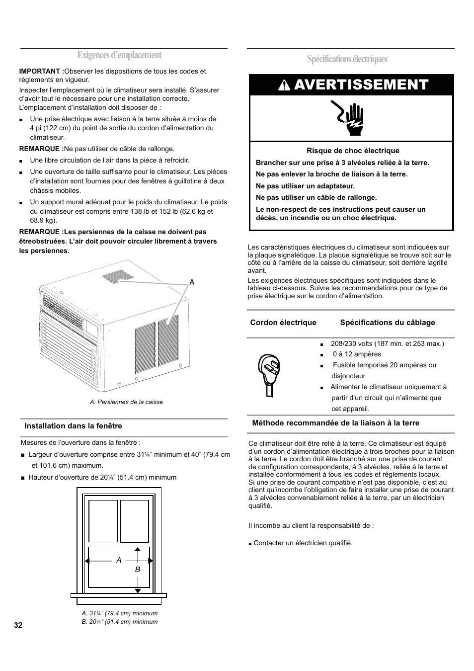 Avertissement, Exigences d’emplacement, Spécifications électriques | haier ESA424J-L User Manual | Page 32 / 44