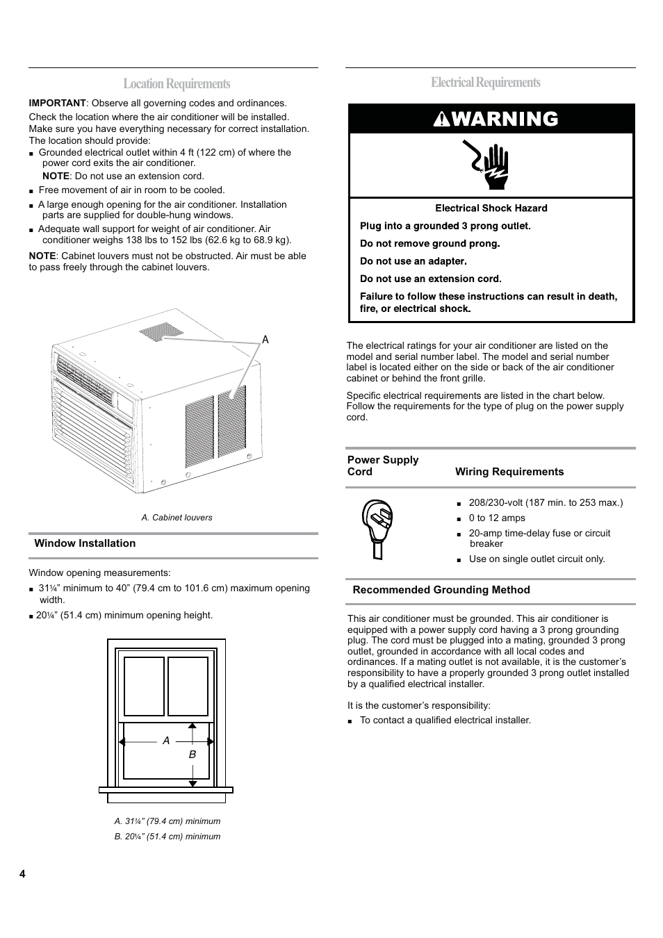 Location requirements, Electrical requirements | haier ESA424J-L User Manual | Page 4 / 44