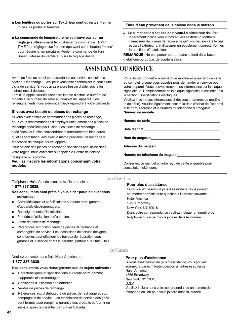 Assistance ou service, Aux états-unis au canada | haier ESA424J-L User Manual | Page 42 / 44