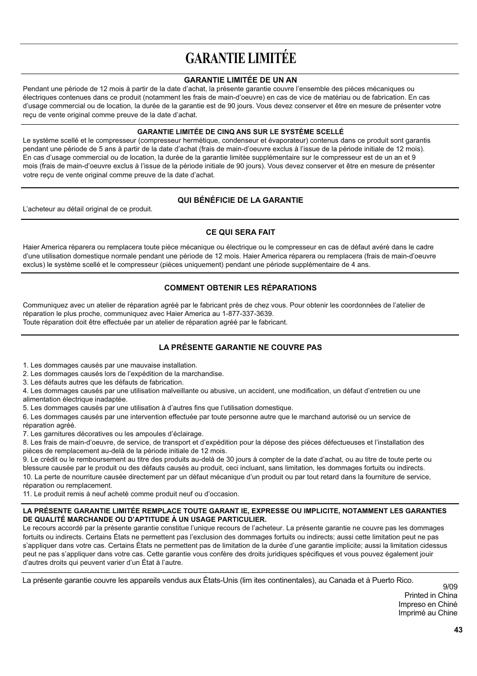 Garantie limitée | haier ESA424J-L User Manual | Page 43 / 44
