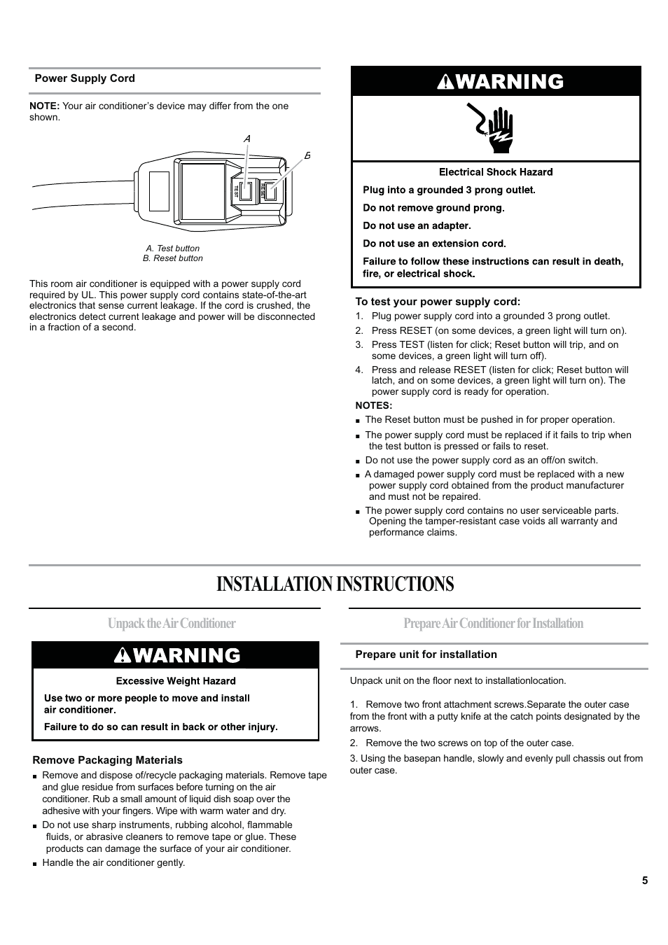Installation instructions | haier ESA424J-L User Manual | Page 5 / 44