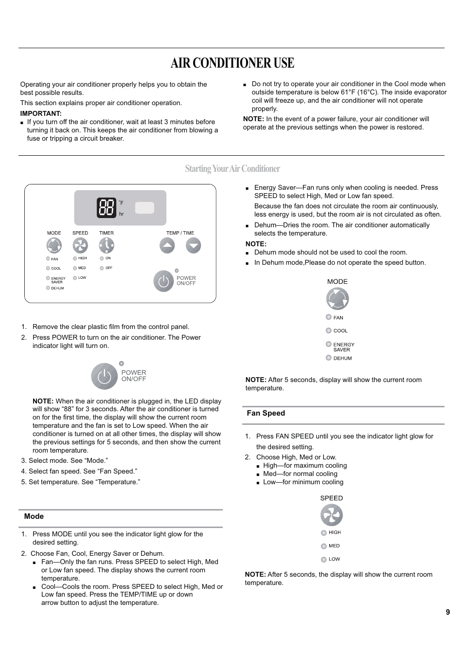 Air conditioner use, Starting your air conditioner | haier ESA424J-L User Manual | Page 9 / 44